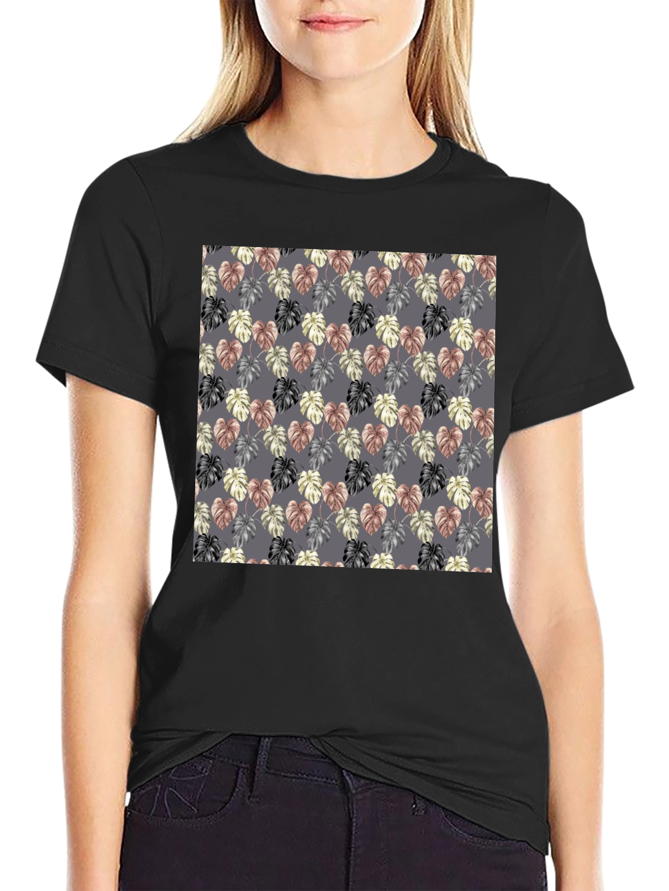 Monstera Leaf Pattern Black T-Shirt