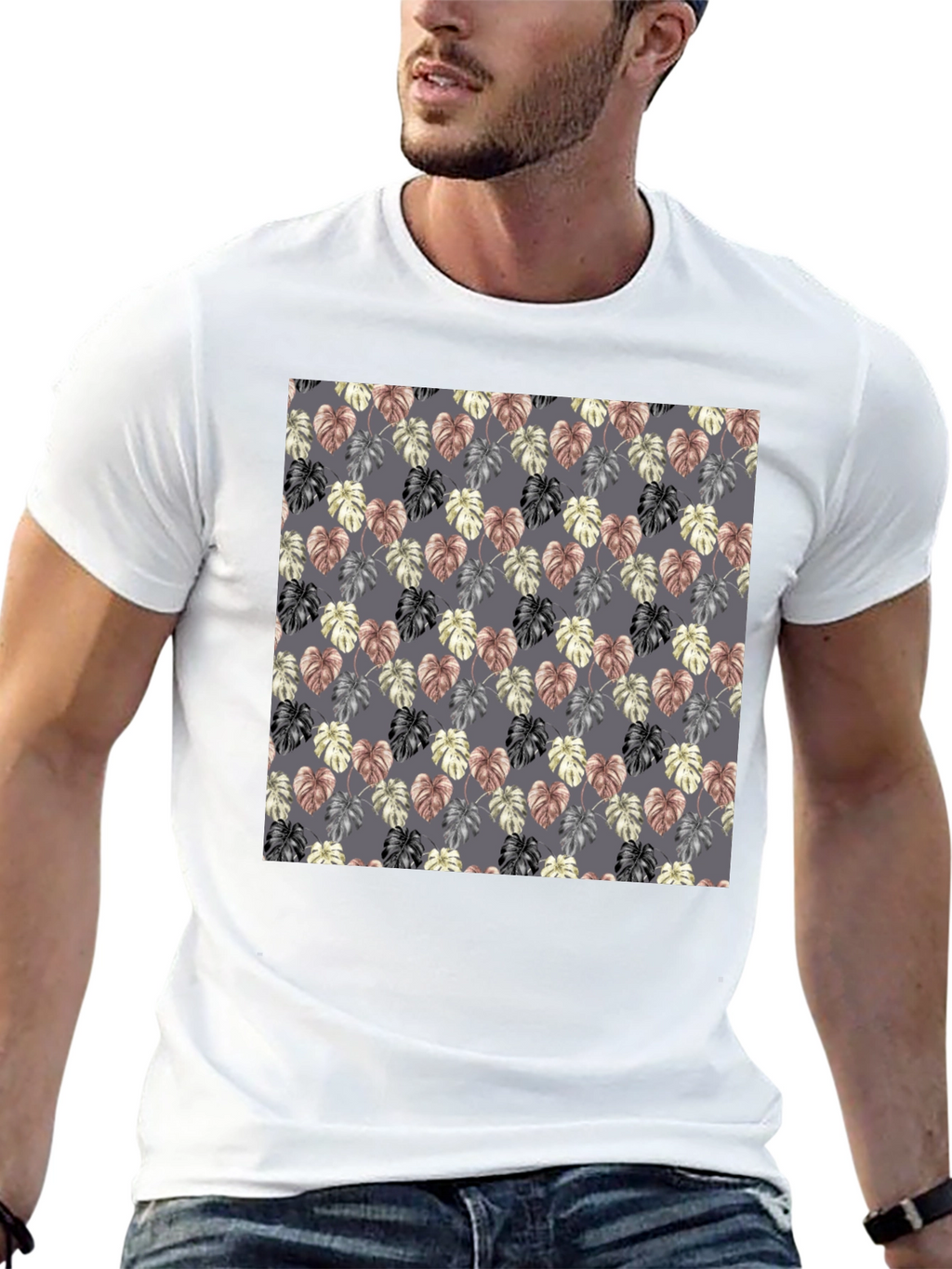 Monstera Leaf Pattern Black T-Shirt