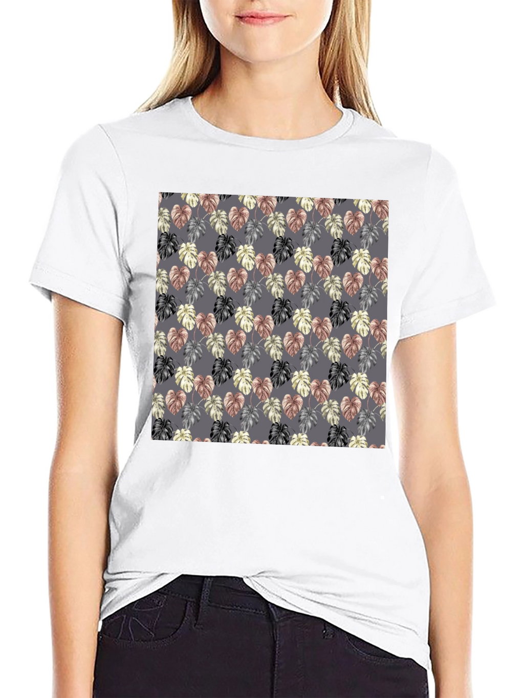 Monstera Leaf Pattern Black T-Shirt