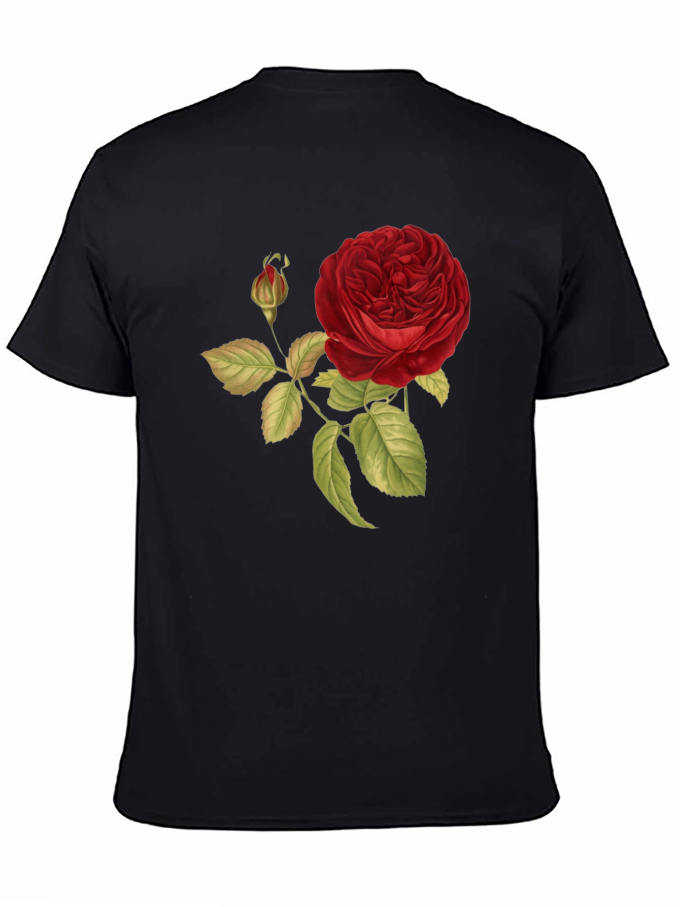 Red Rose Print Black T-Shirt