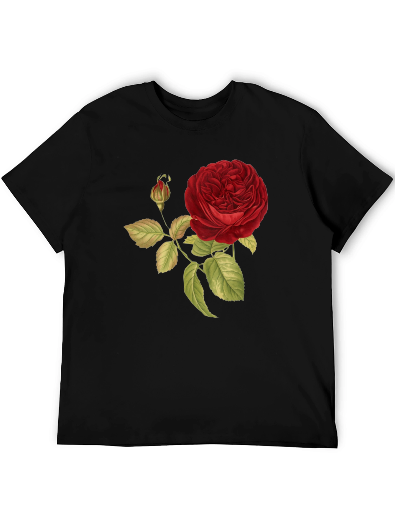 Red Rose Print Black T-Shirt