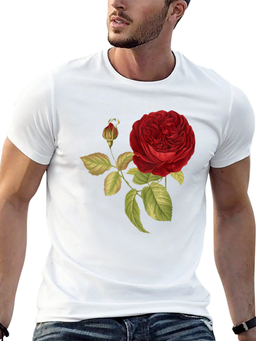 Red Rose Print Black T-Shirt