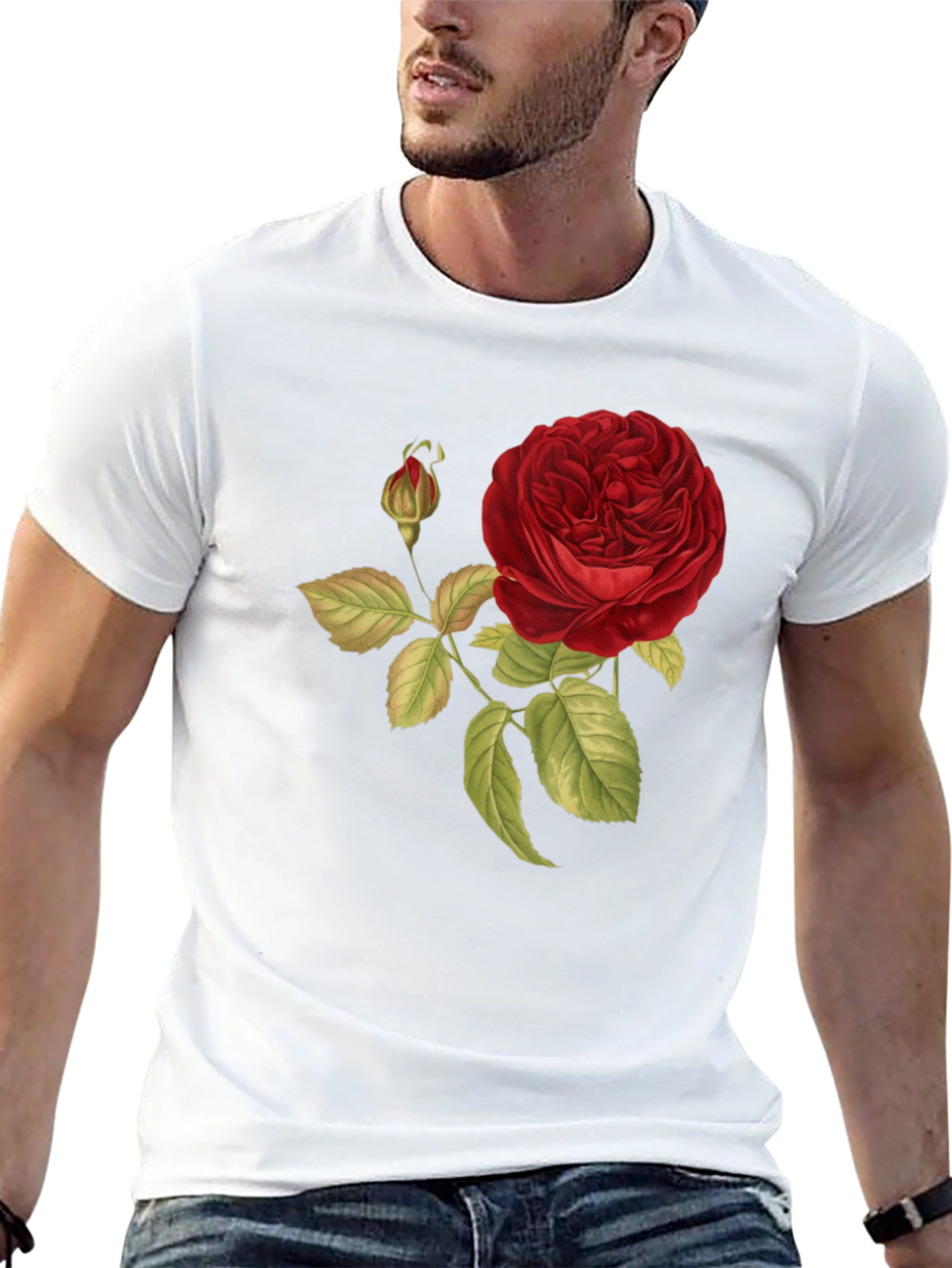 Red Rose Print Black T-Shirt