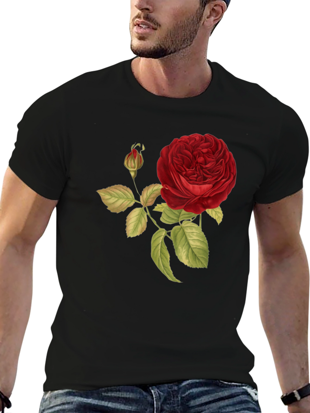 Red Rose Print Black T-Shirt
