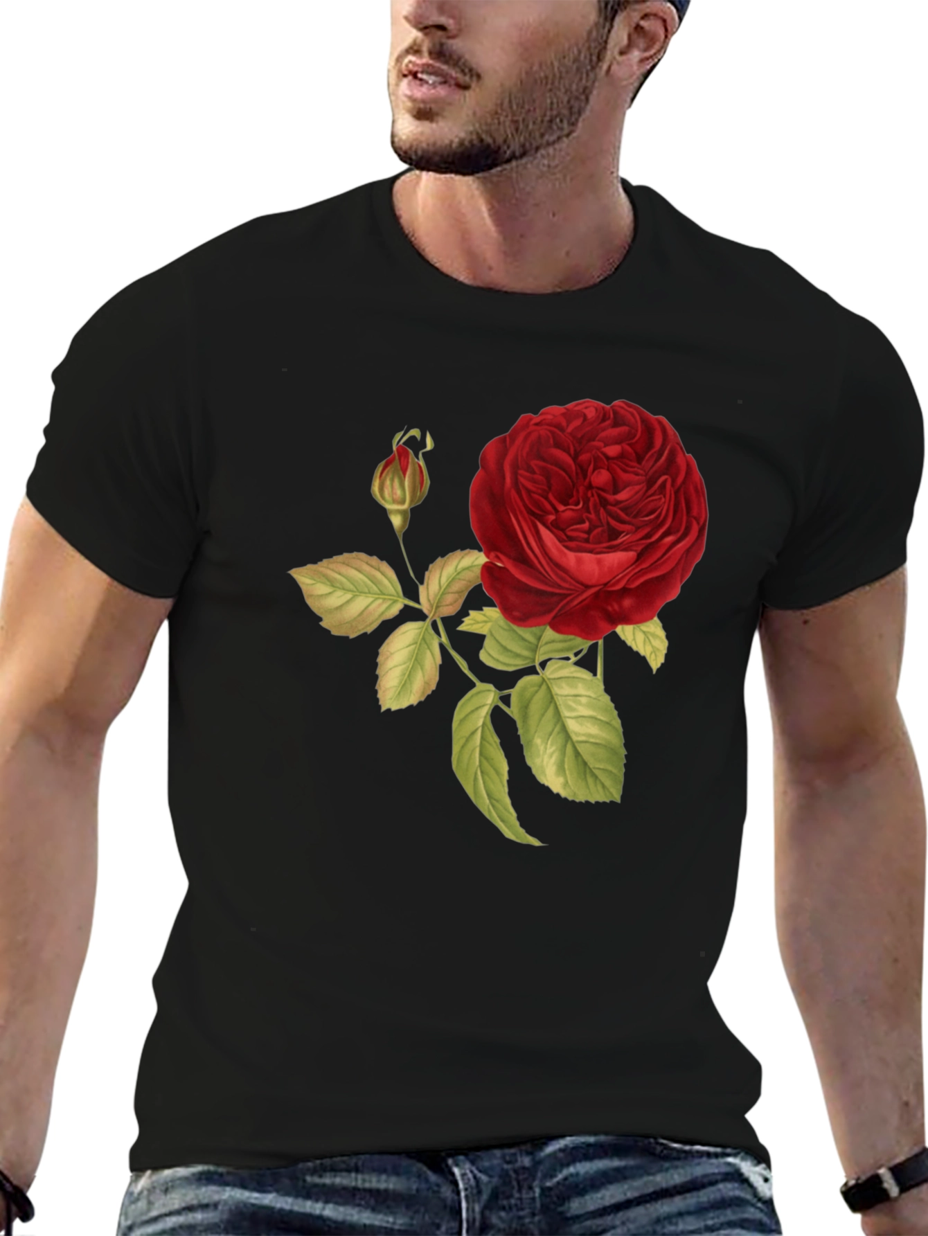 Red Rose Print Black T-Shirt