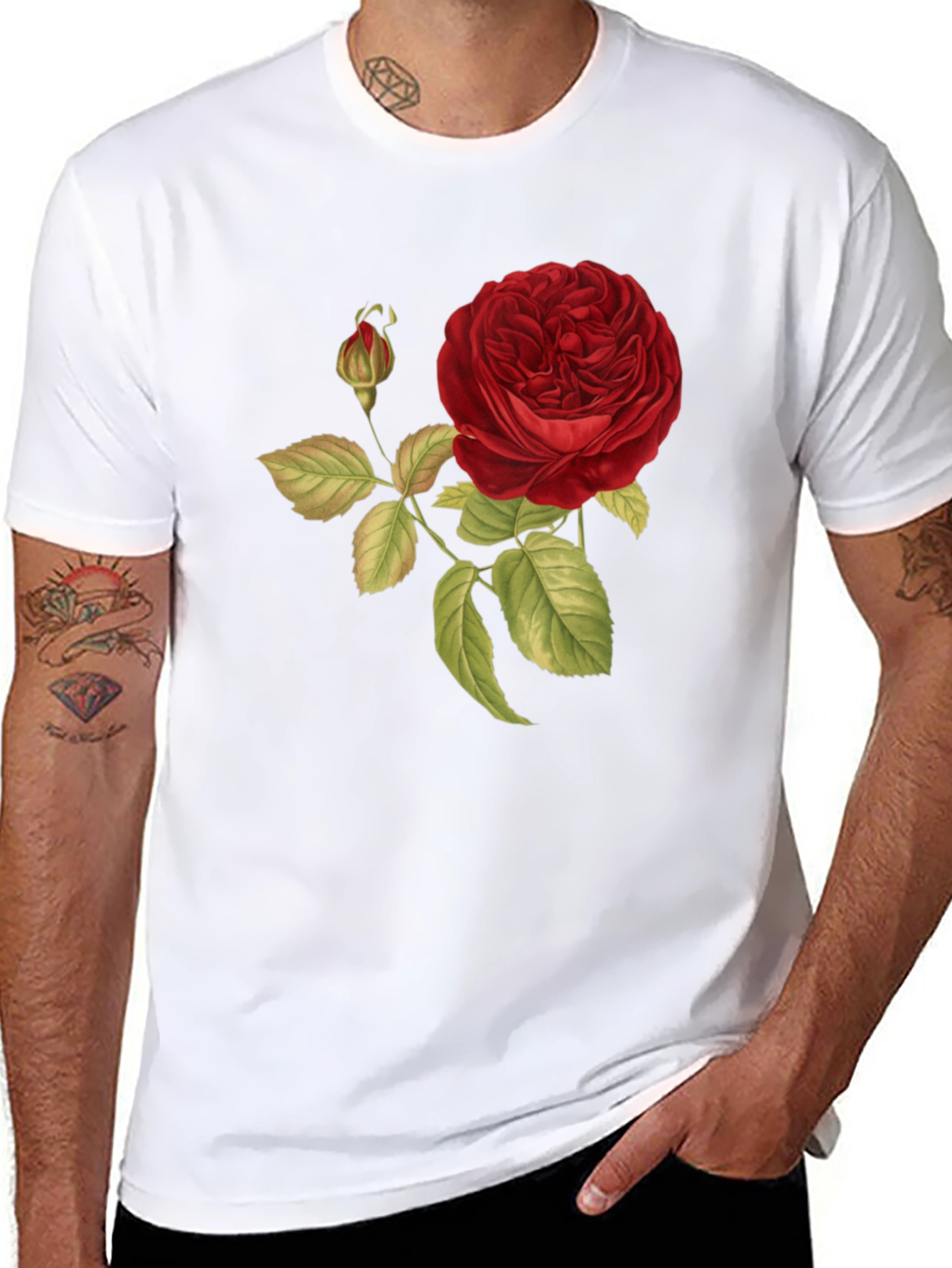 Red Rose Print Black T-Shirt