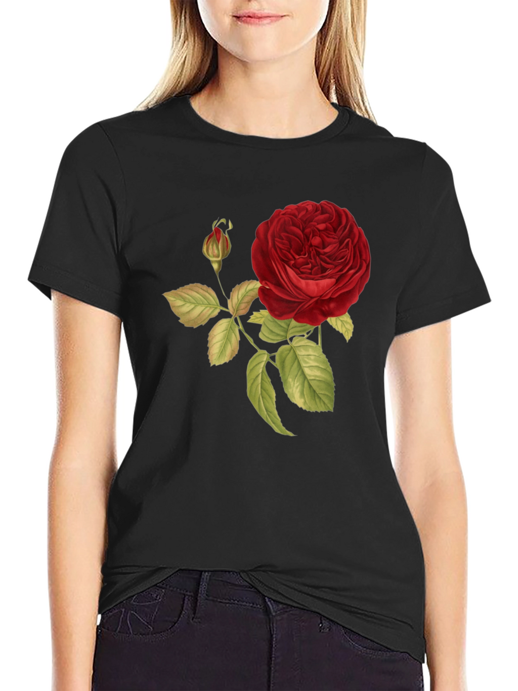 Red Rose Print Black T-Shirt