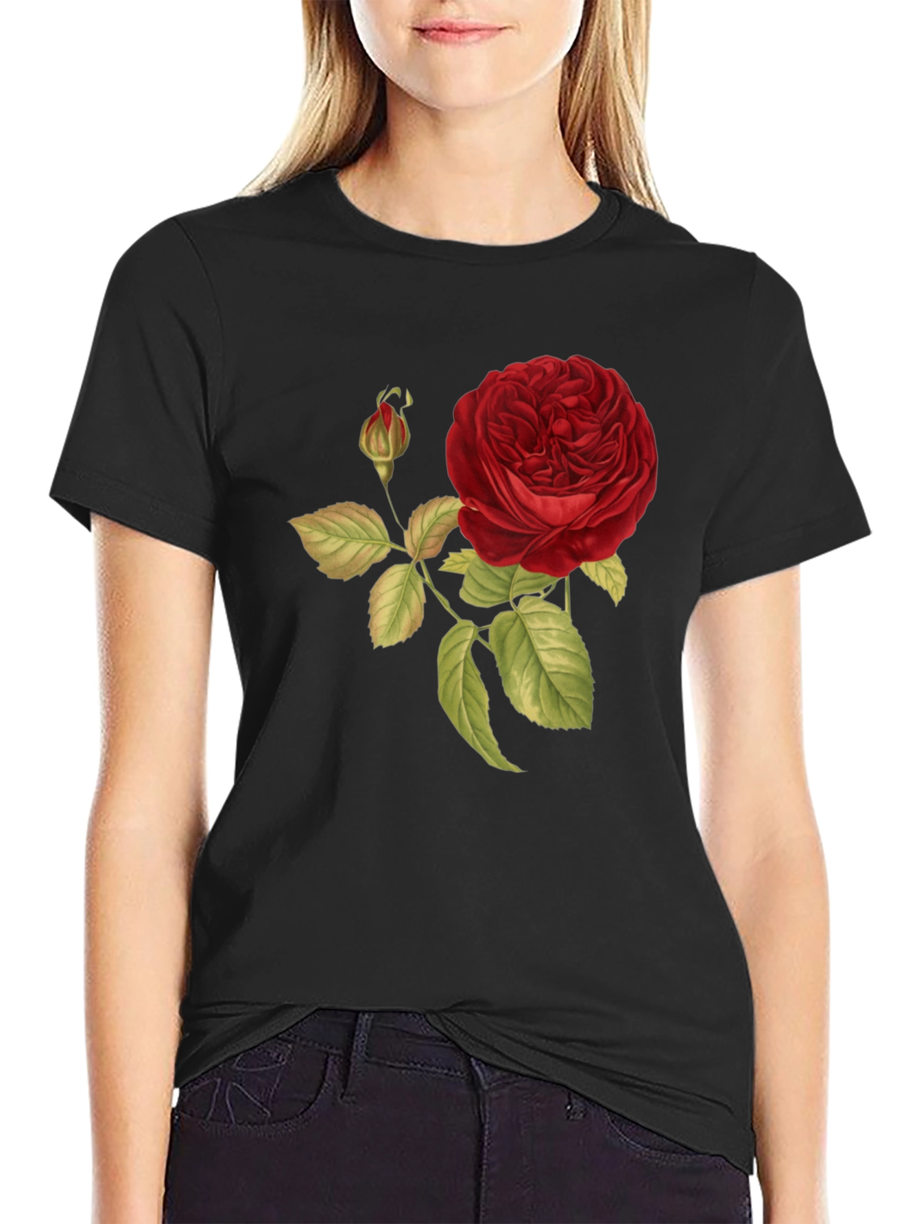 Red Rose Print Black T-Shirt