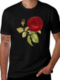 Red Rose Print Black T-Shirt