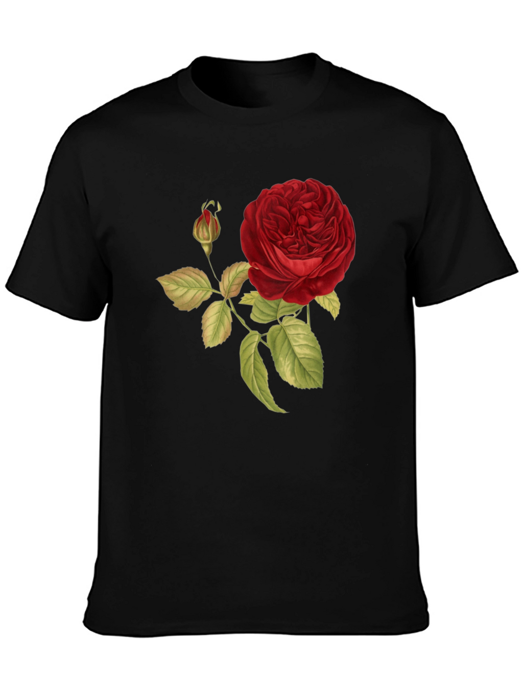 Red Rose Print Black T-Shirt