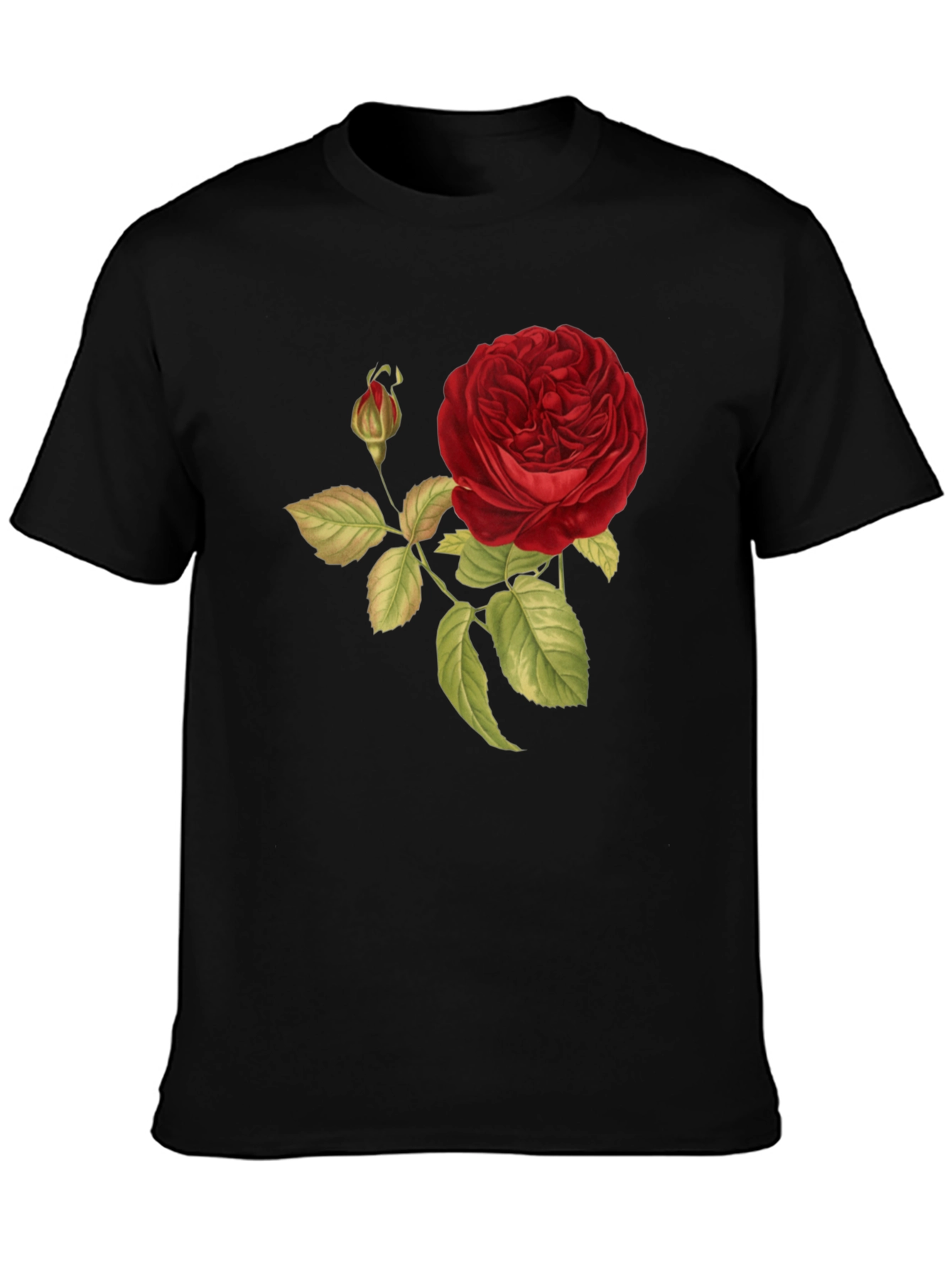 Red Rose Print Black T-Shirt