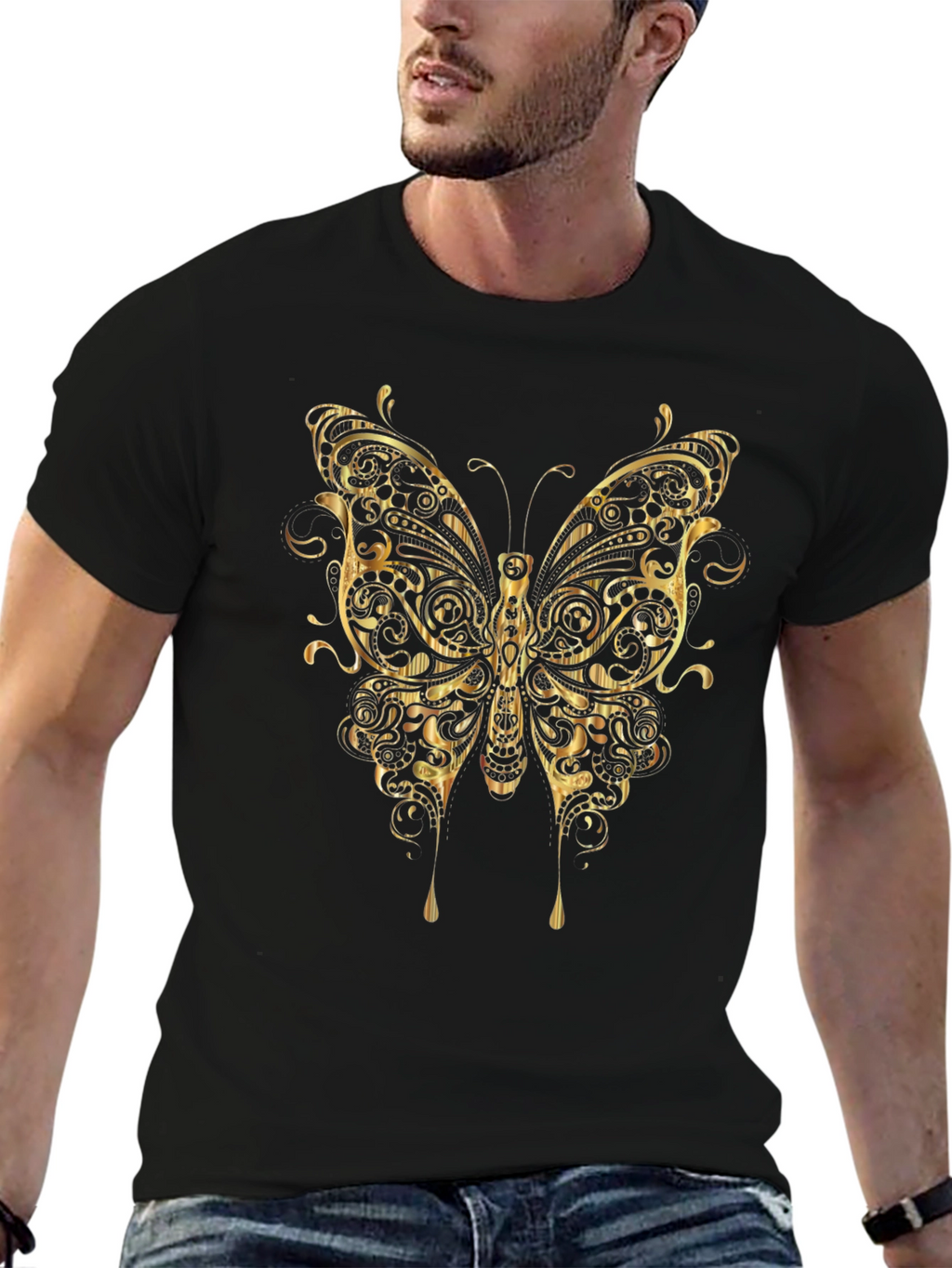 Ornate Gold Butterfly Graphic T-Shirt