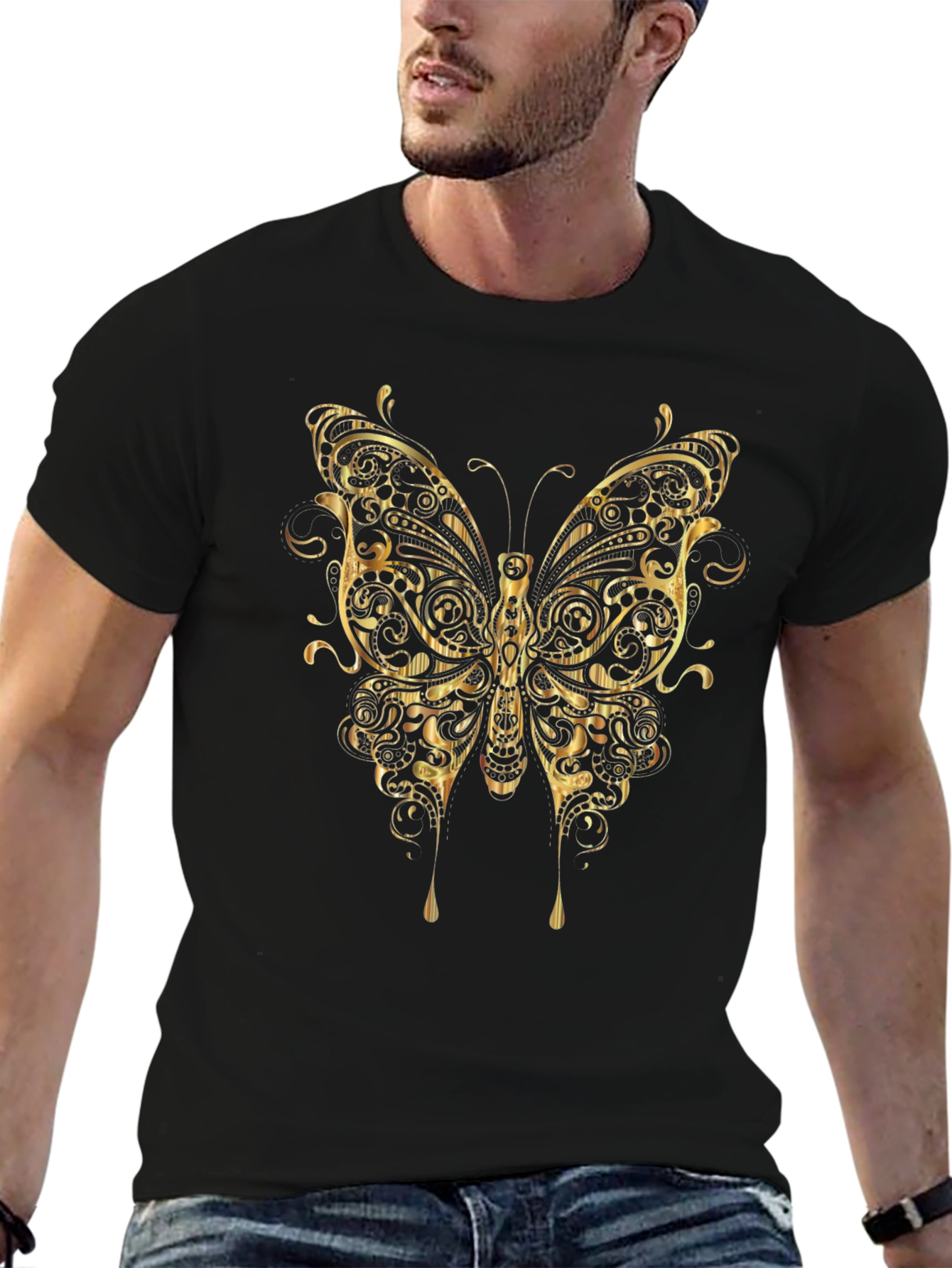 Ornate Gold Butterfly Graphic T-Shirt