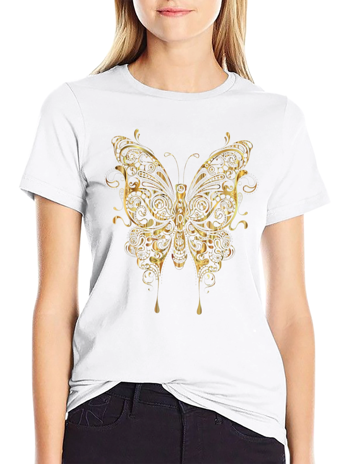 Ornate Gold Butterfly Graphic T-Shirt