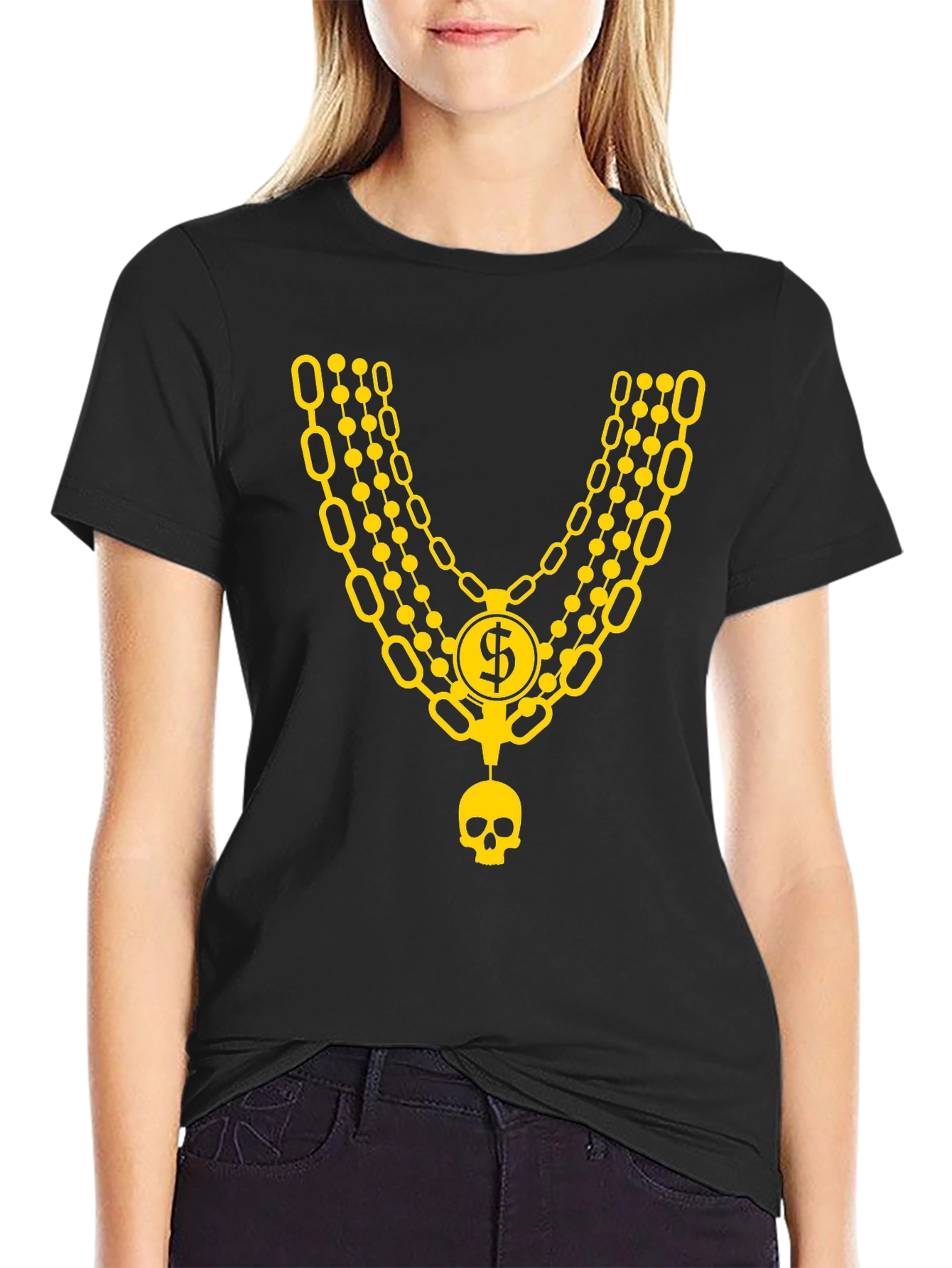 Mens Black T-Shirt with Gold Chain and Skull Design