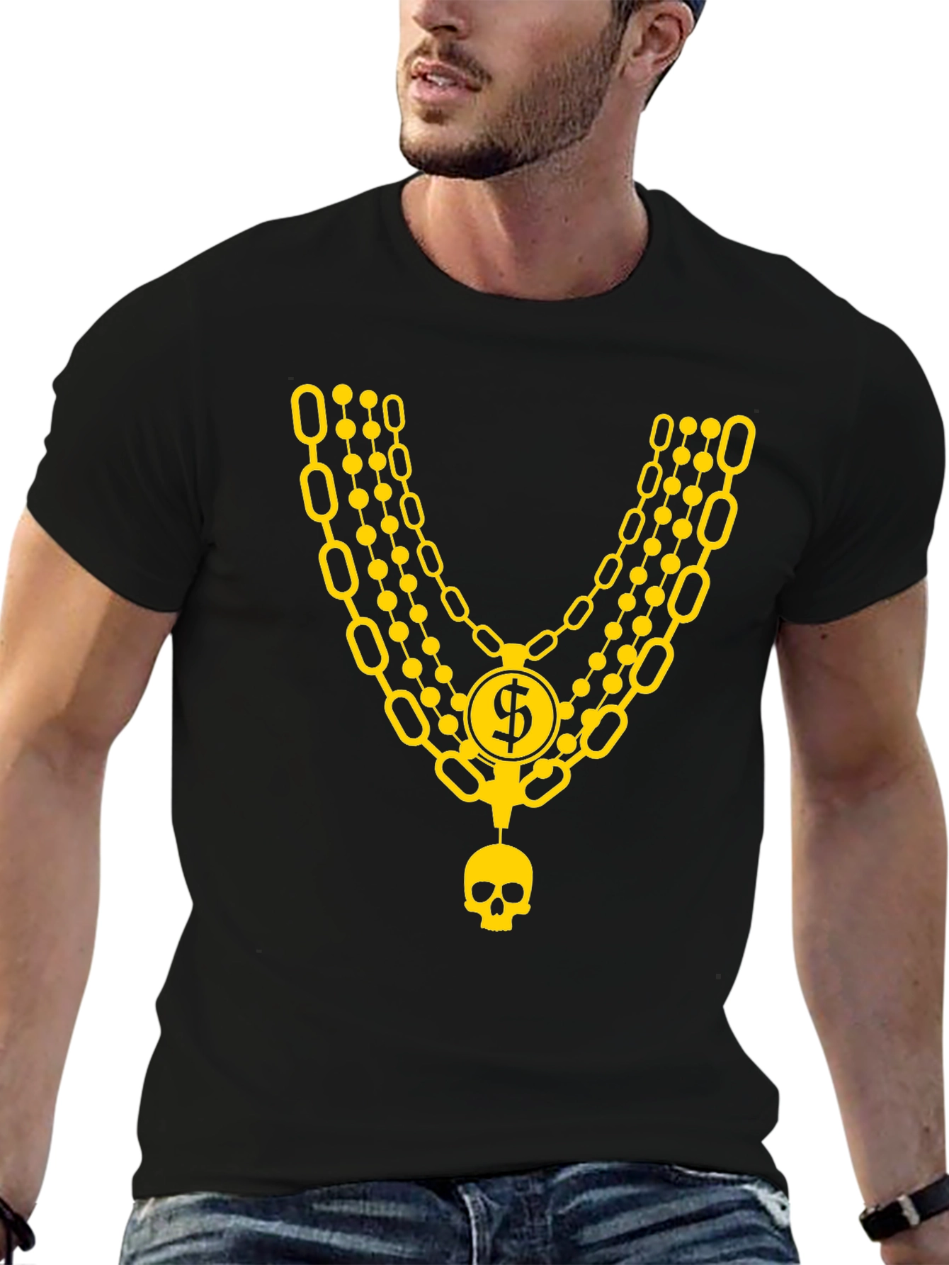 Mens Black T-Shirt with Gold Chain and Skull Design