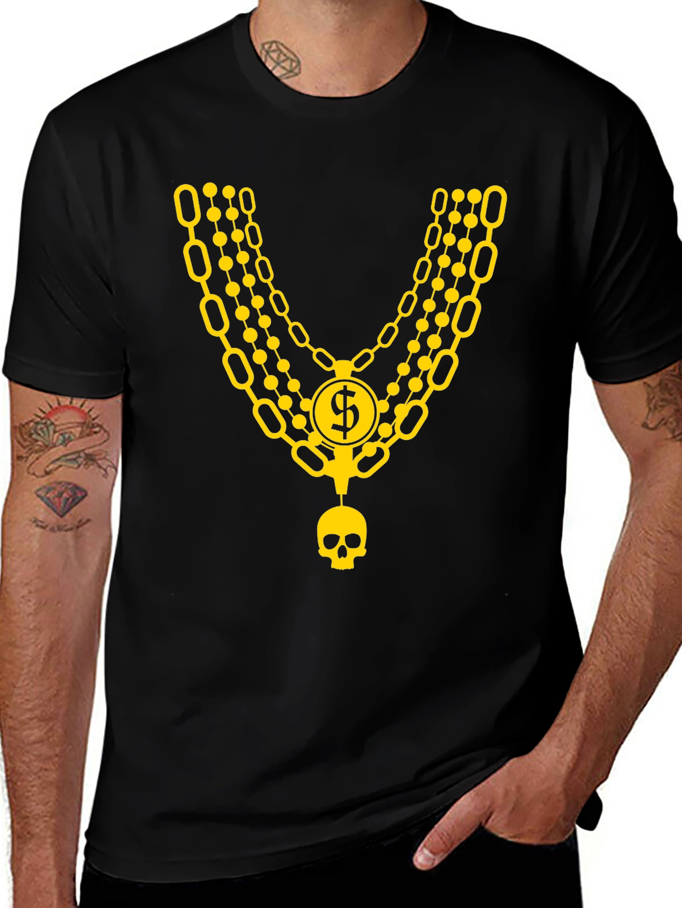 Mens Black T-Shirt with Gold Chain and Skull Design
