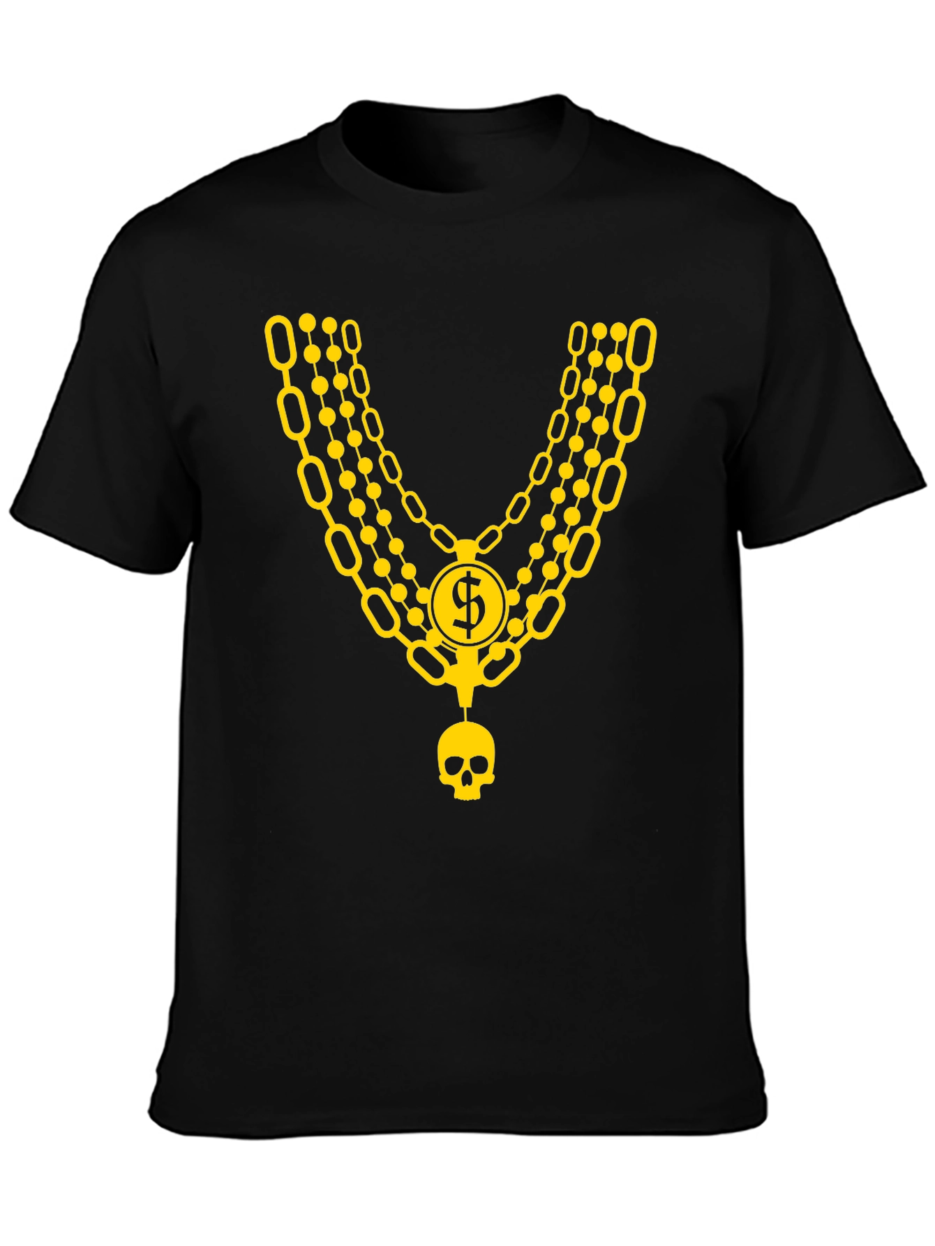 Mens Black T-Shirt with Gold Chain and Skull Design