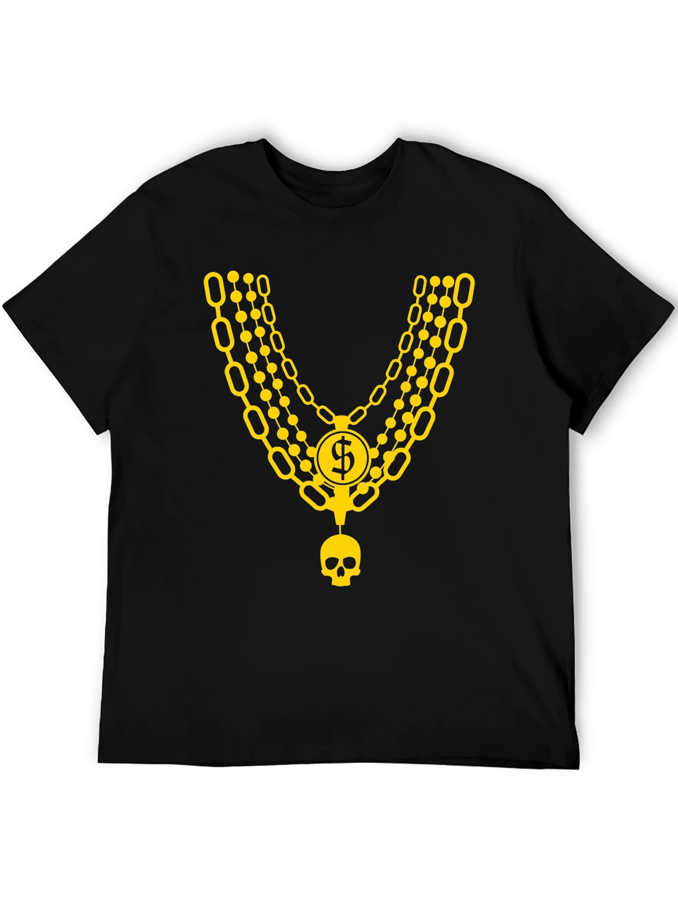 Mens Black T-Shirt with Gold Chain and Skull Design
