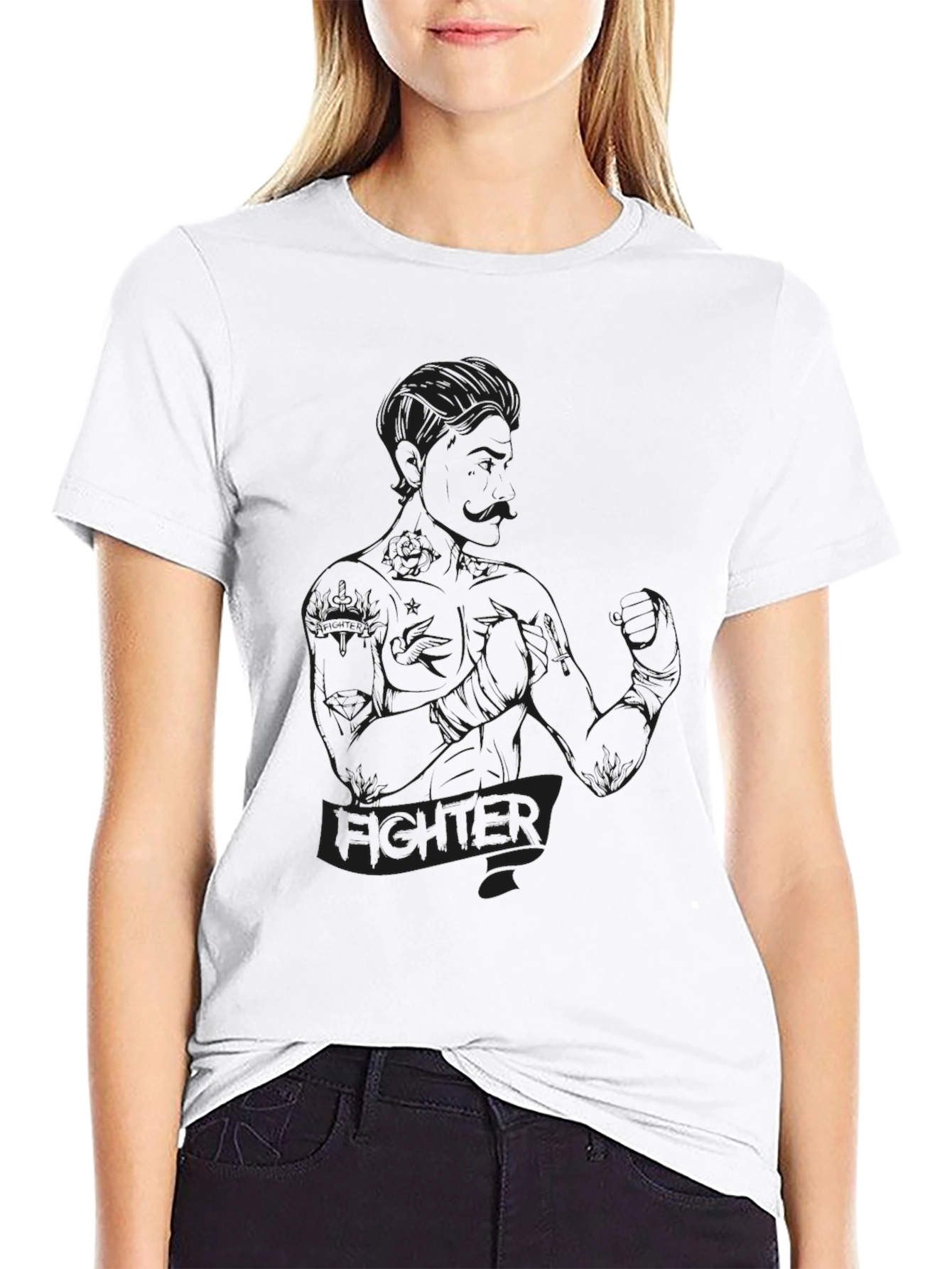 Fighter Graphic Tee - Black Crew Neck T-Shirt