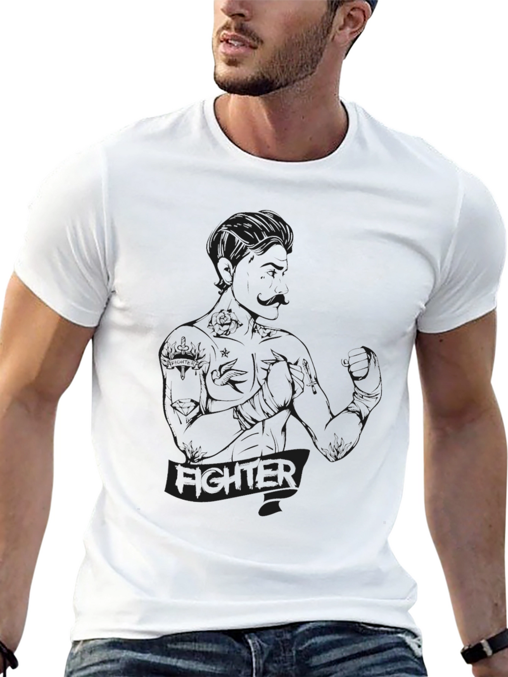 Fighter Graphic Tee - Black Crew Neck T-Shirt