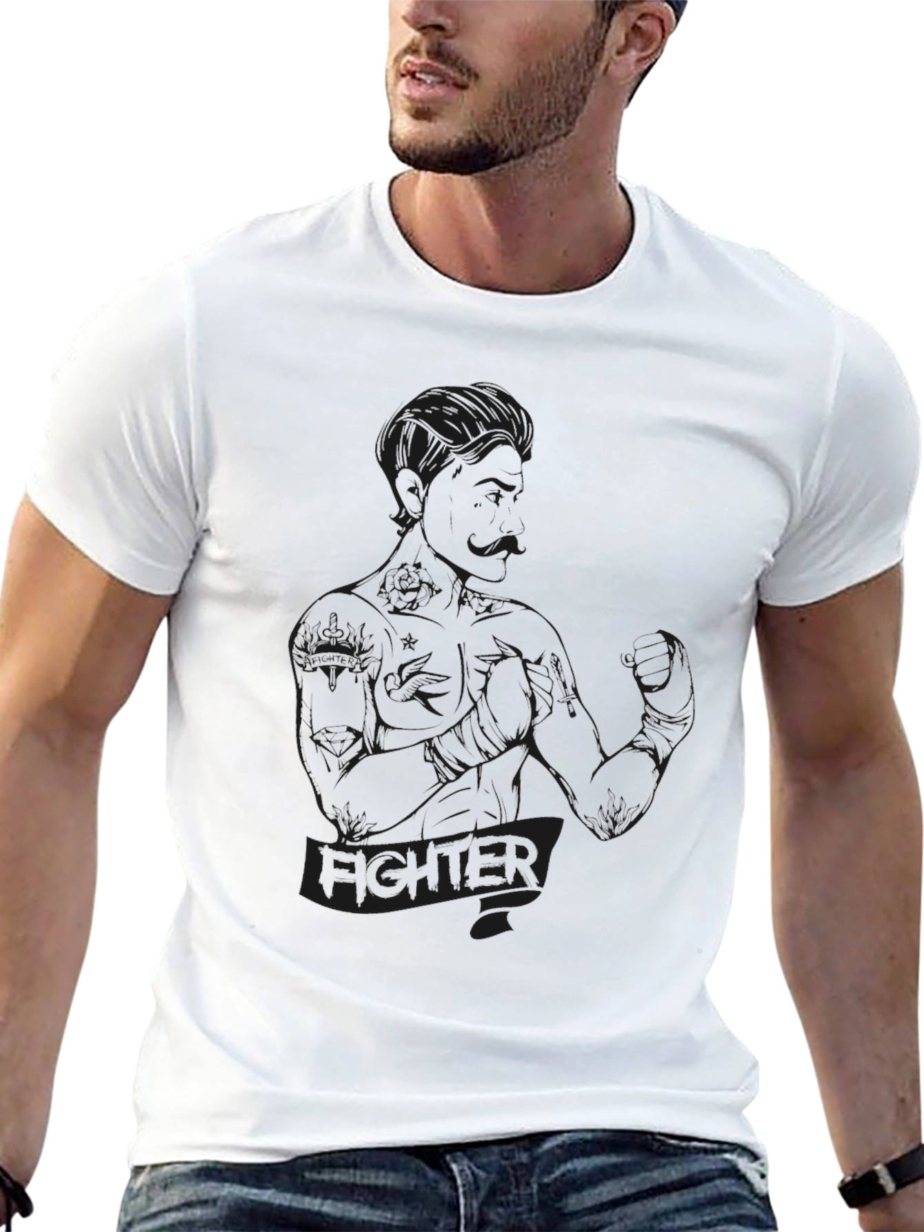 Fighter Graphic Tee - Black Crew Neck T-Shirt