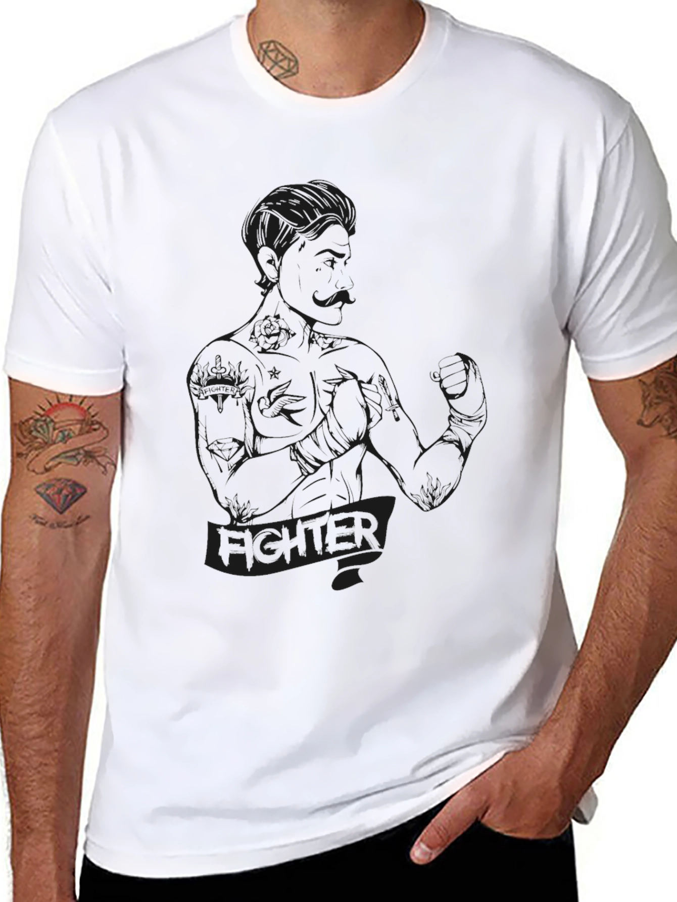 Fighter Graphic Tee - Black Crew Neck T-Shirt