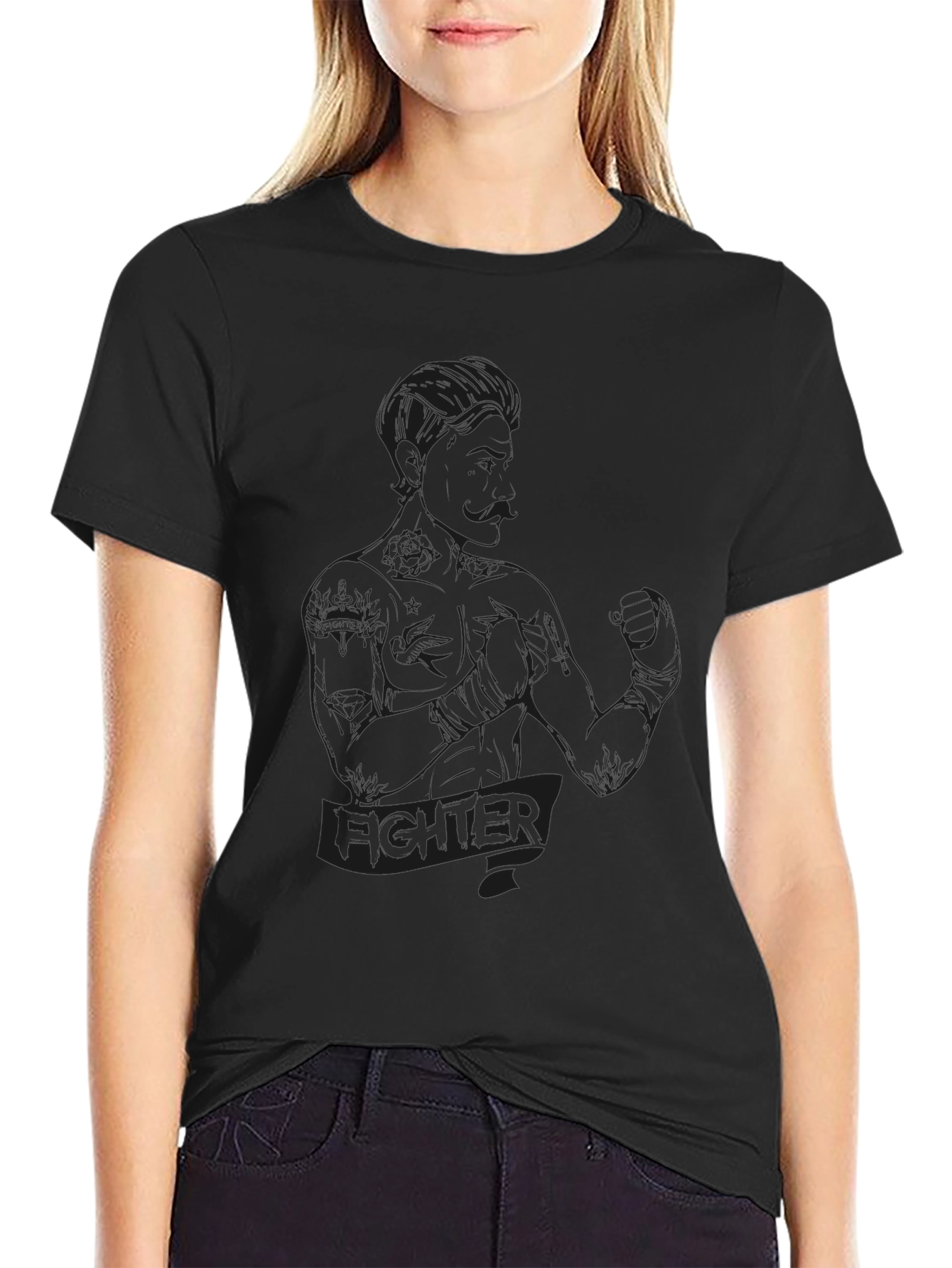 Fighter Graphic Tee - Black Crew Neck T-Shirt