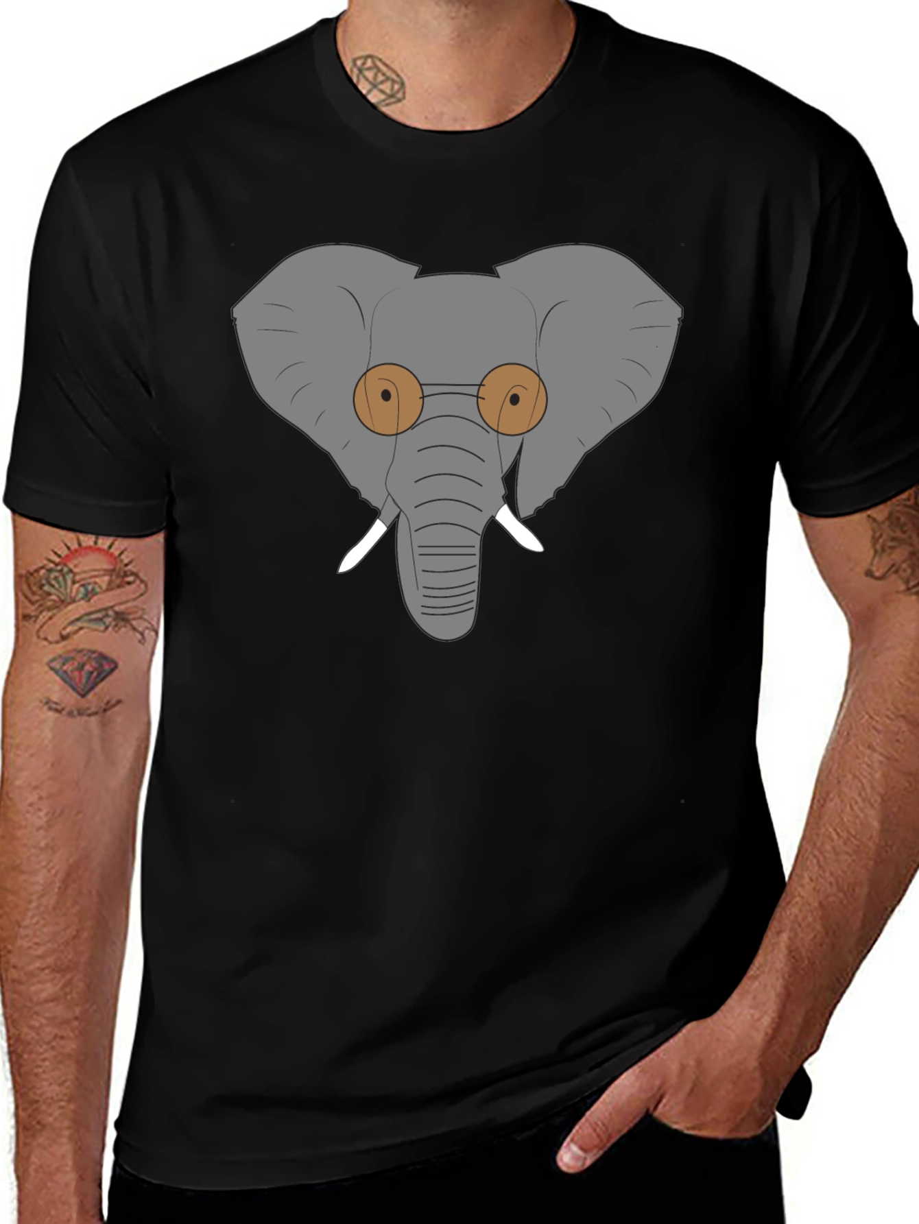 Elephant with Glasses Graphic Tee - Black Cotton