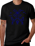 Black T-Shirt with Blue Windmill Graphic