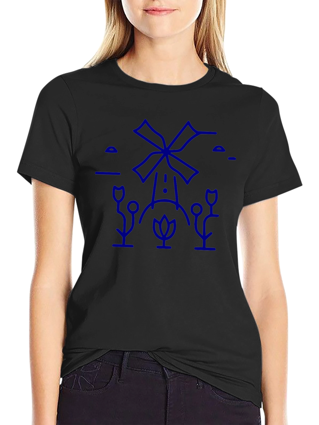 Black T-Shirt with Blue Windmill Graphic