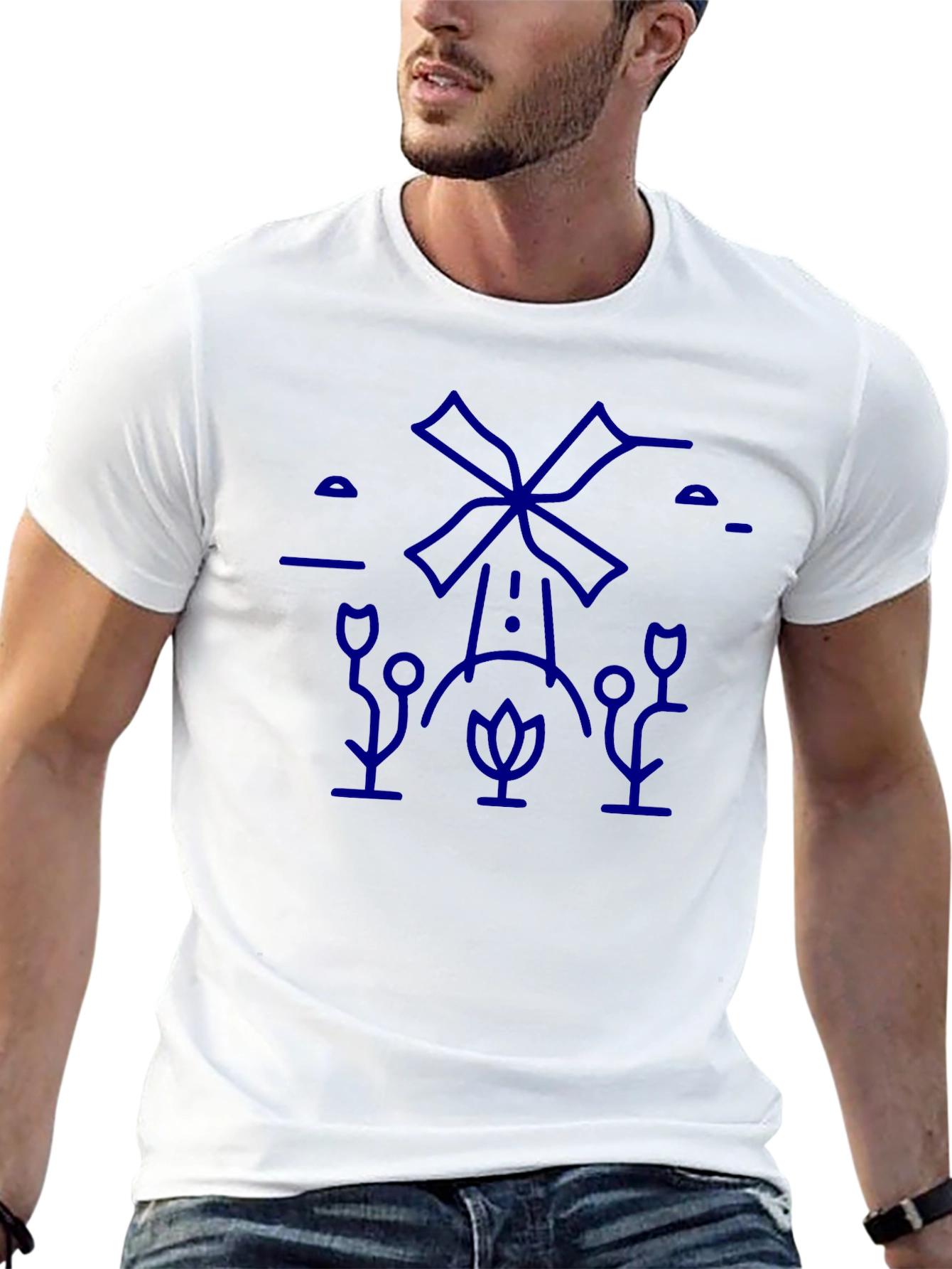 Black T-Shirt with Blue Windmill Graphic