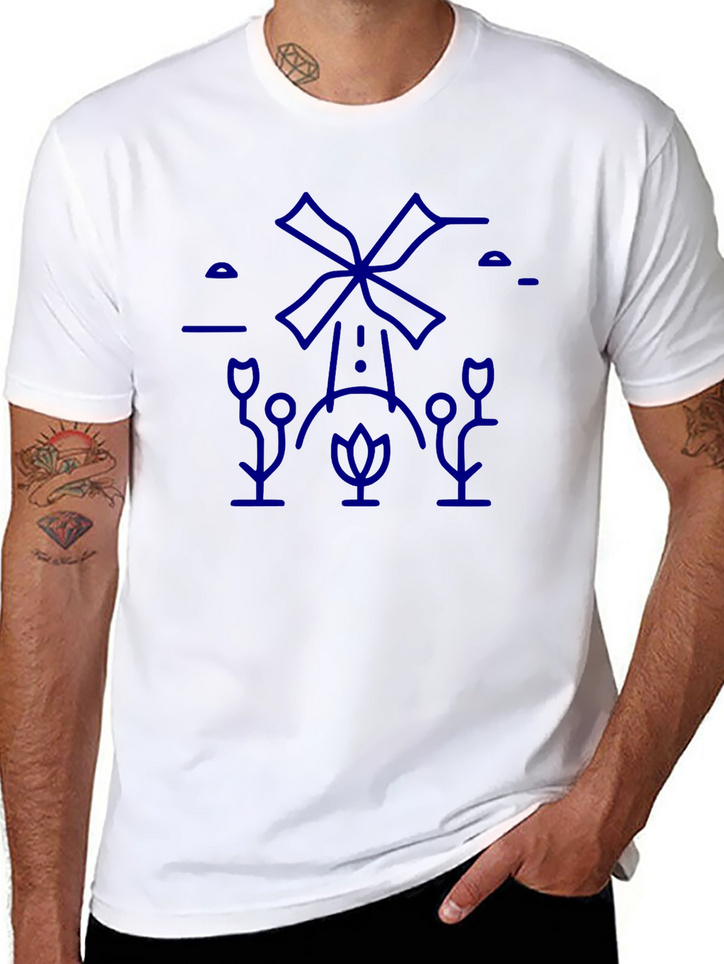 Black T-Shirt with Blue Windmill Graphic