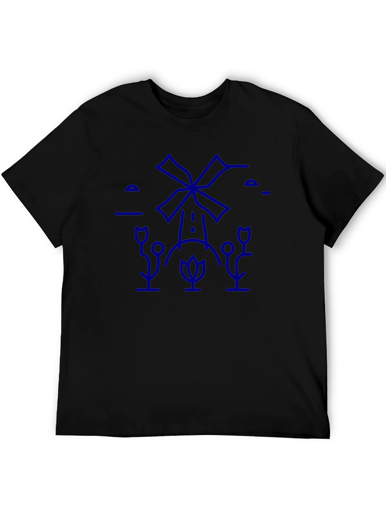 Black T-Shirt with Blue Windmill Graphic