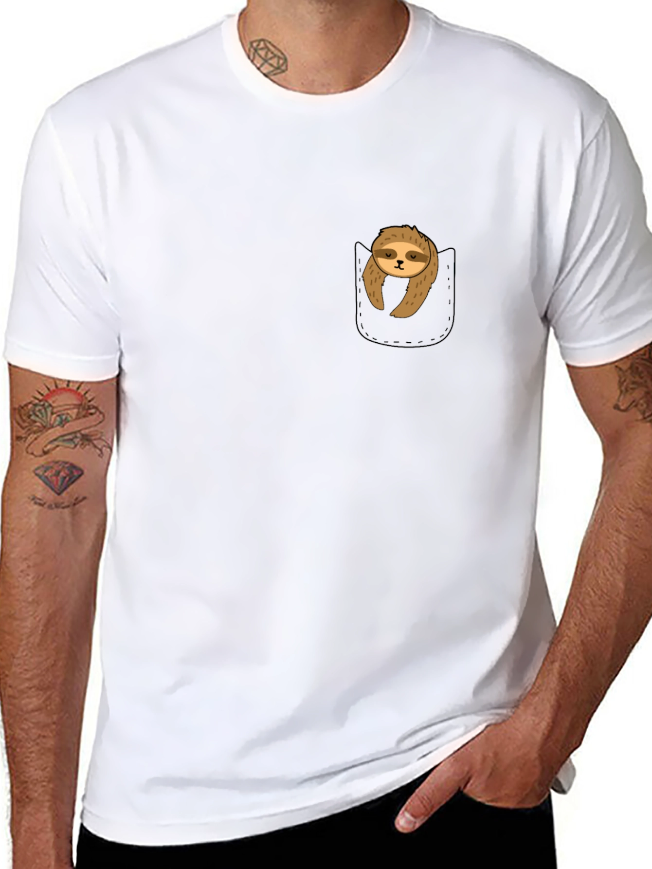 Sloth in Pocket Graphic Tee - Comfy Black T-Shirt