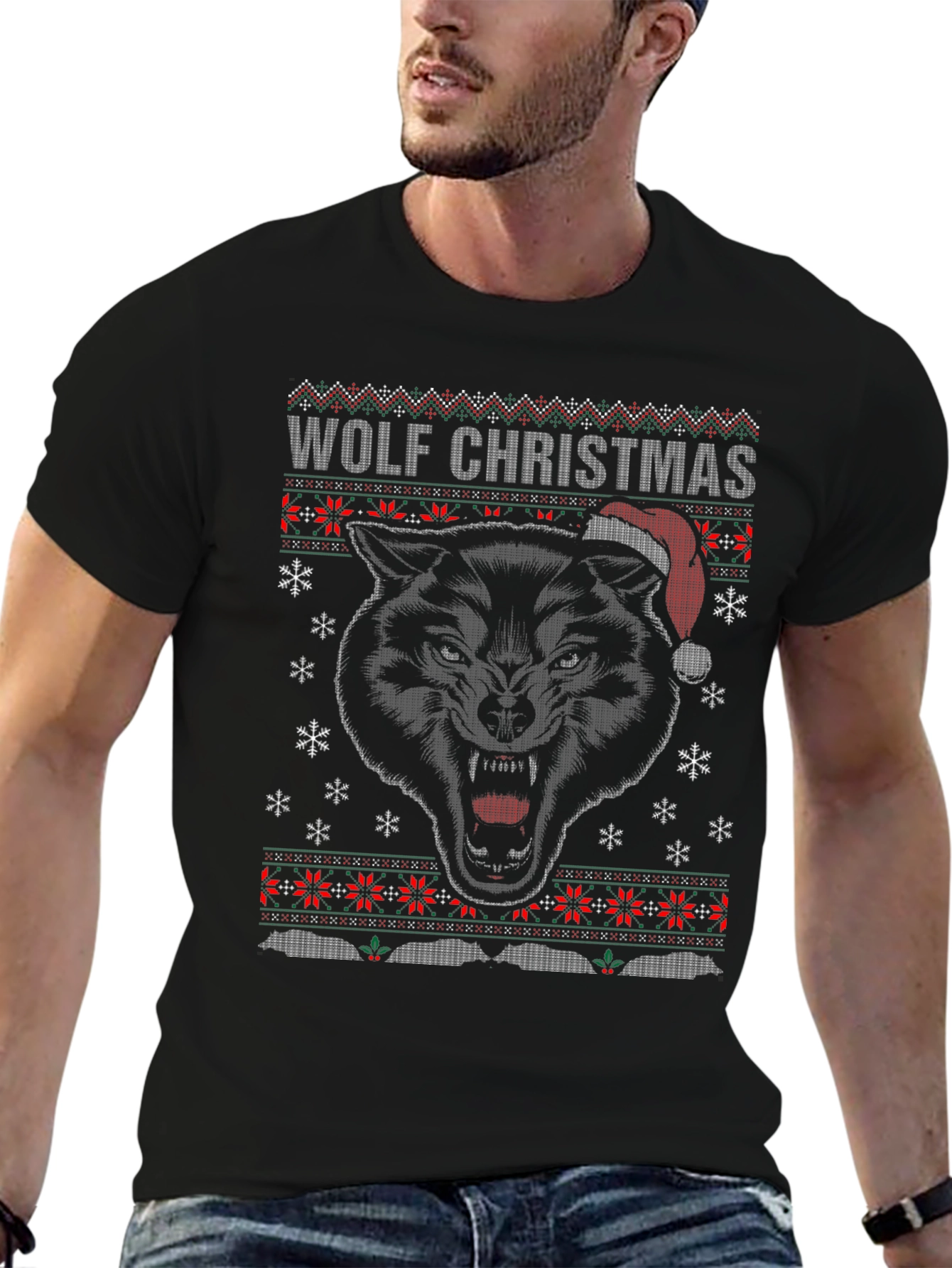 Wolf Christmas Ugly Sweater Style Holiday T-Shirt