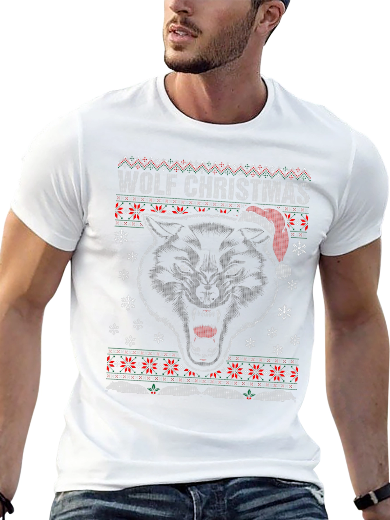 Wolf Christmas Ugly Sweater Style Holiday T-Shirt