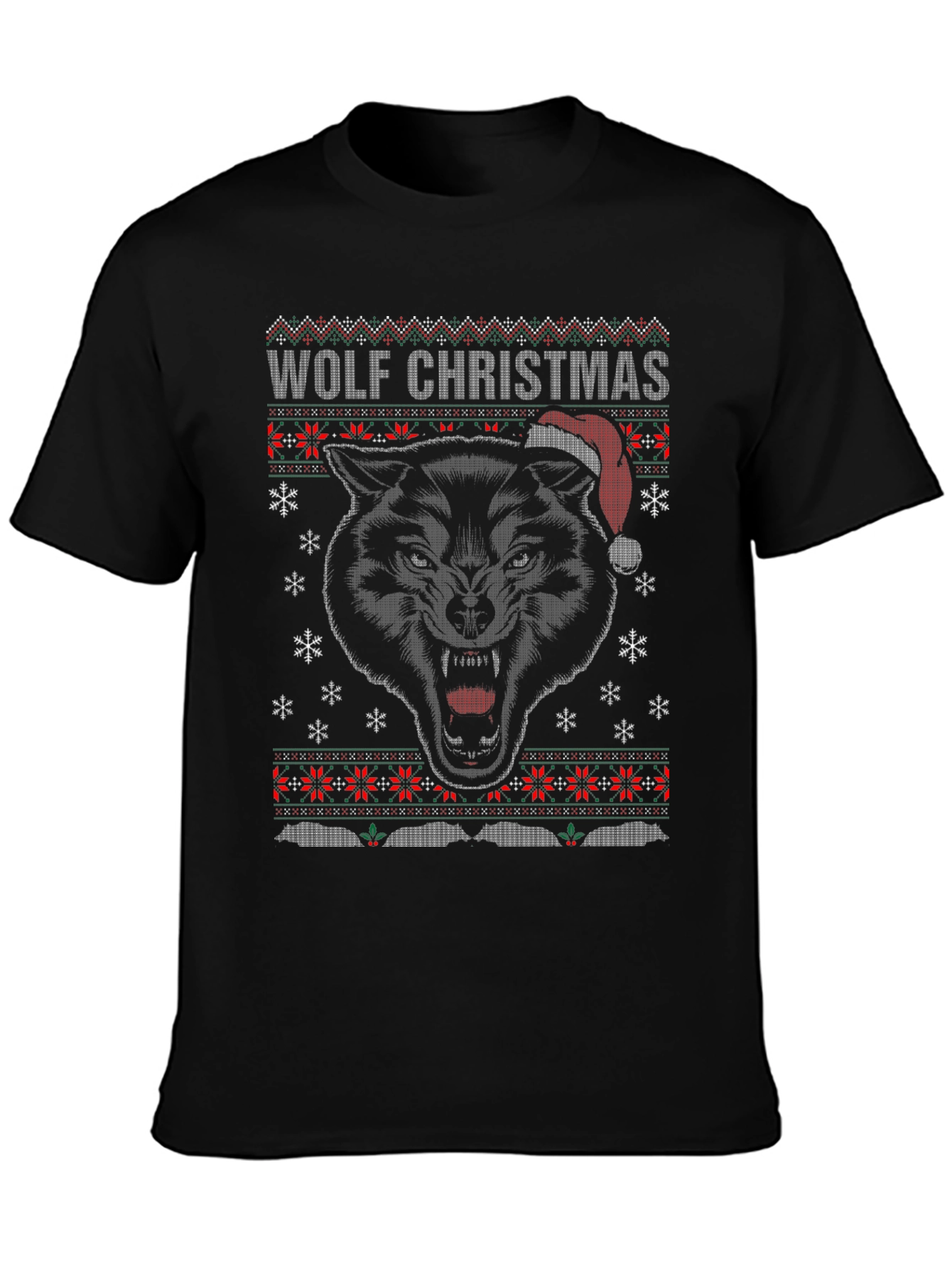 Wolf Christmas Ugly Sweater Style Holiday T-Shirt