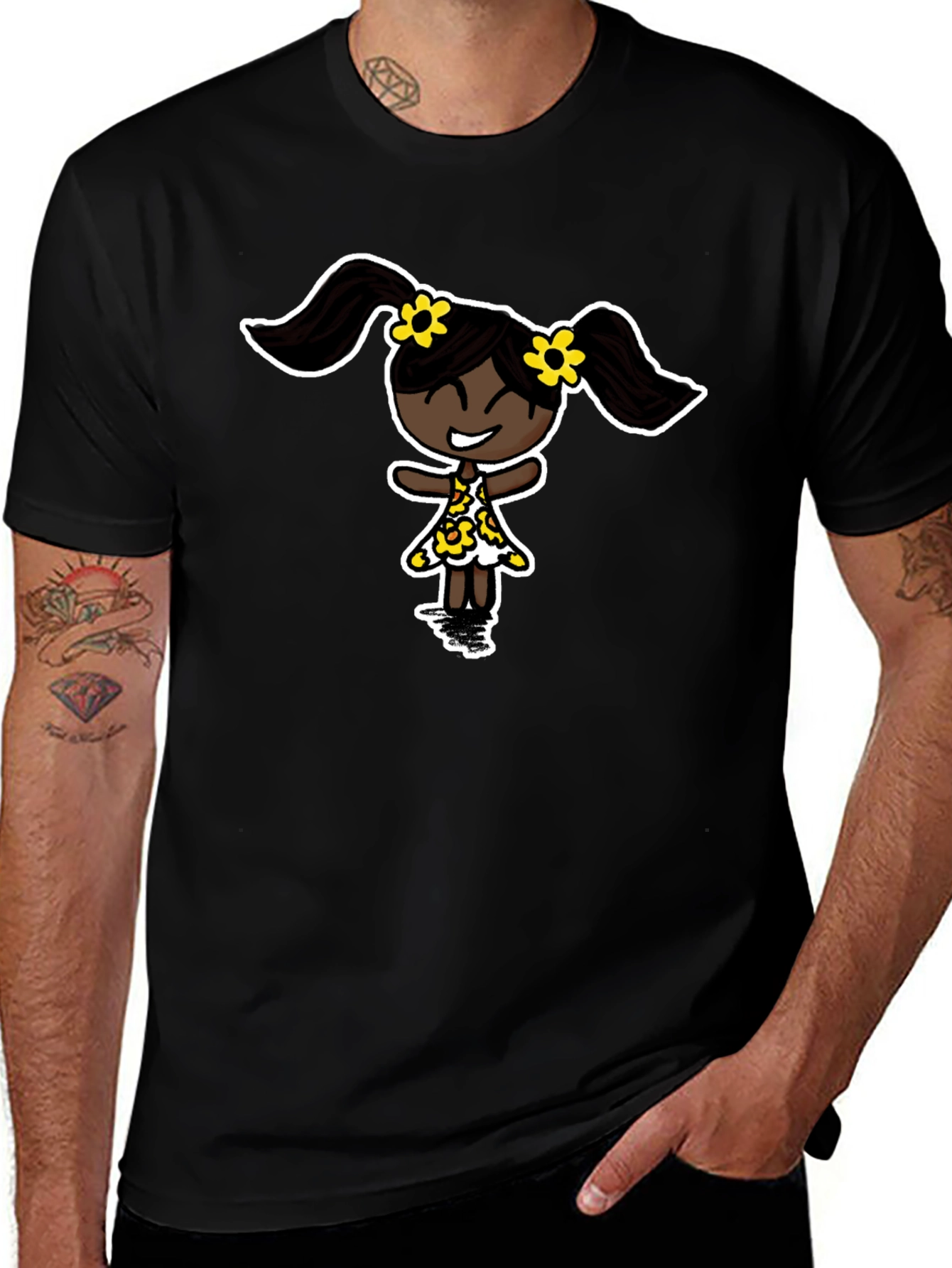 Black T-Shirt with Cartoon Girl Design