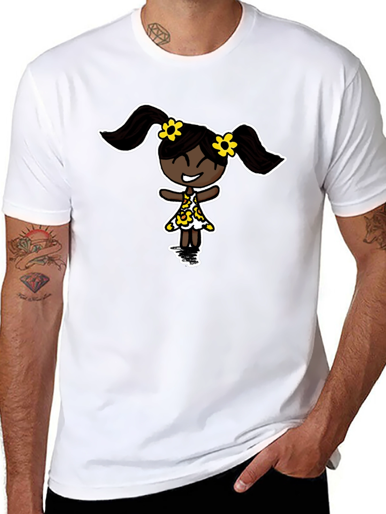 Black T-Shirt with Cartoon Girl Design