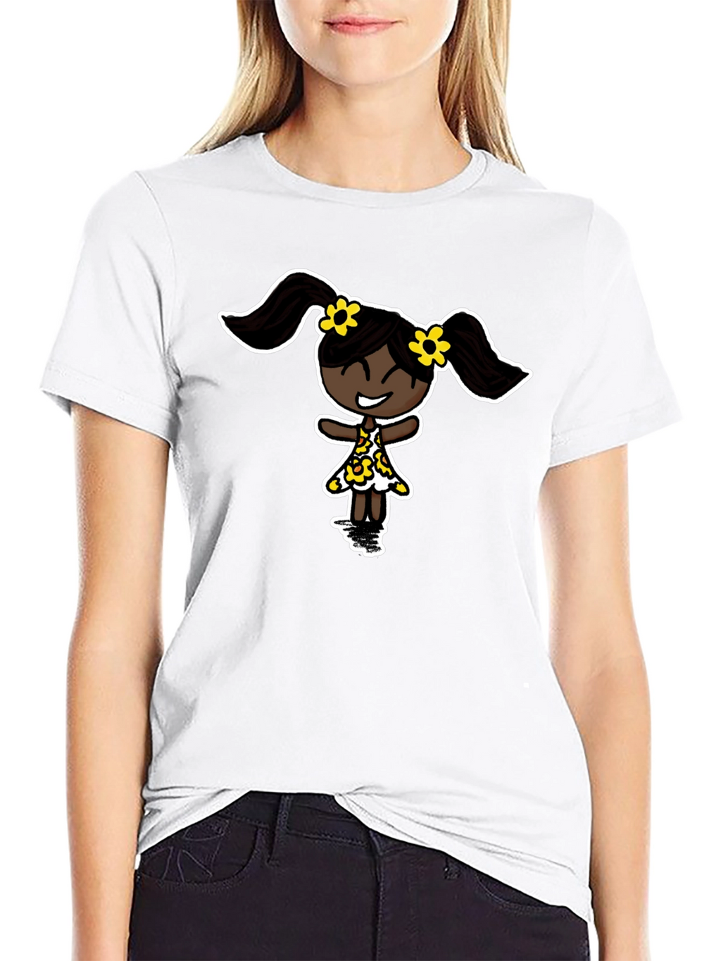 Black T-Shirt with Cartoon Girl Design