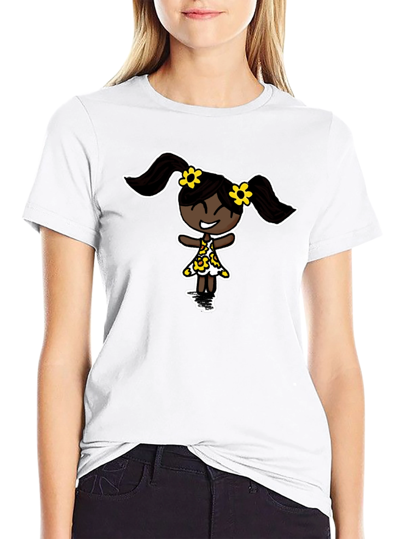 Black T-Shirt with Cartoon Girl Design