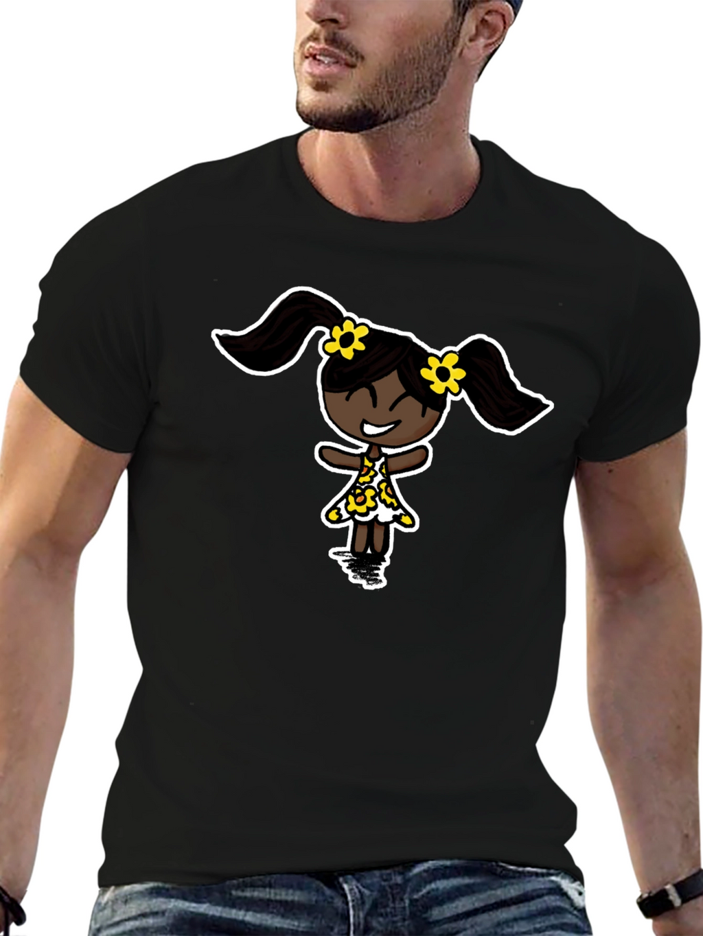 Black T-Shirt with Cartoon Girl Design