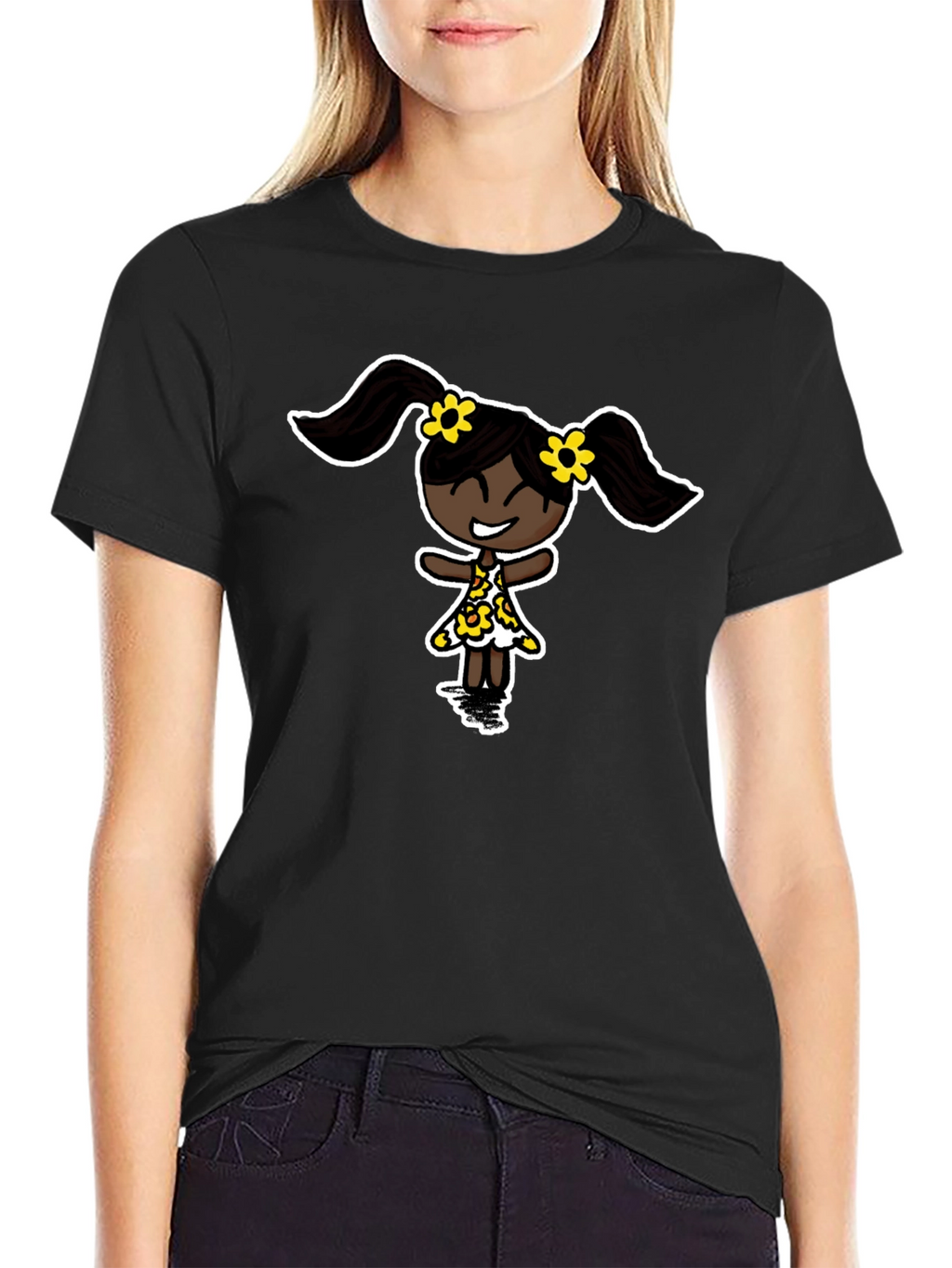 Black T-Shirt with Cartoon Girl Design