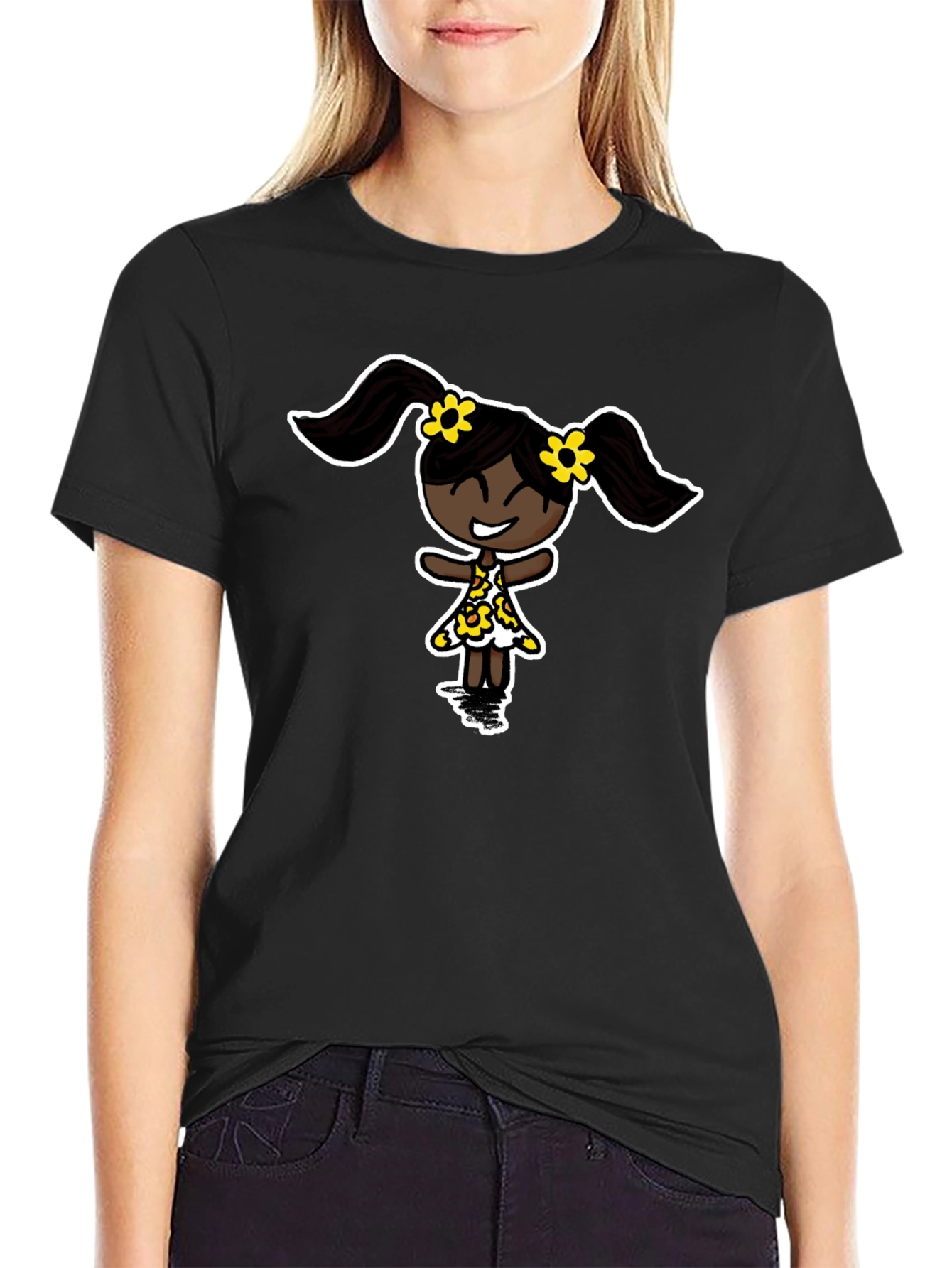 Black T-Shirt with Cartoon Girl Design