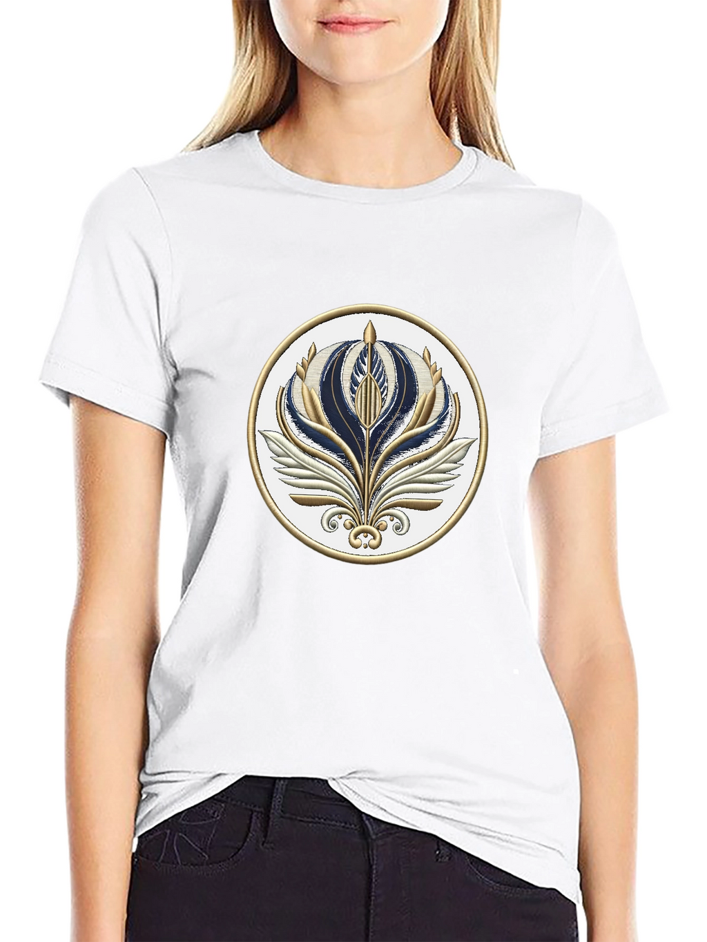 Stylish Black T-Shirt with Floral Emblem