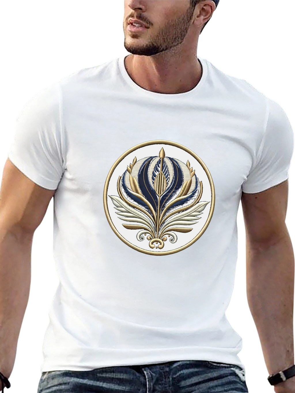 Stylish Black T-Shirt with Floral Emblem