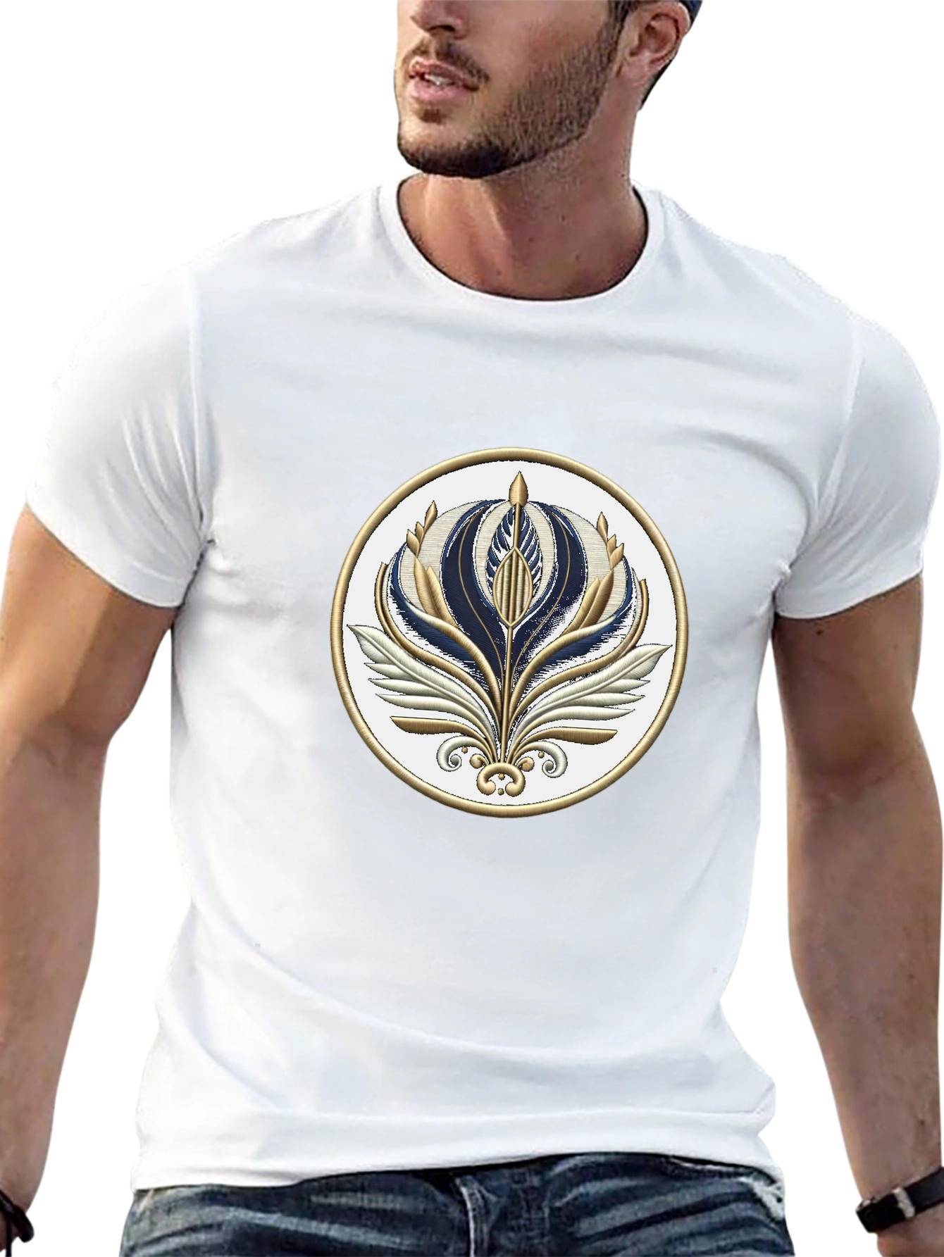 Stylish Black T-Shirt with Floral Emblem