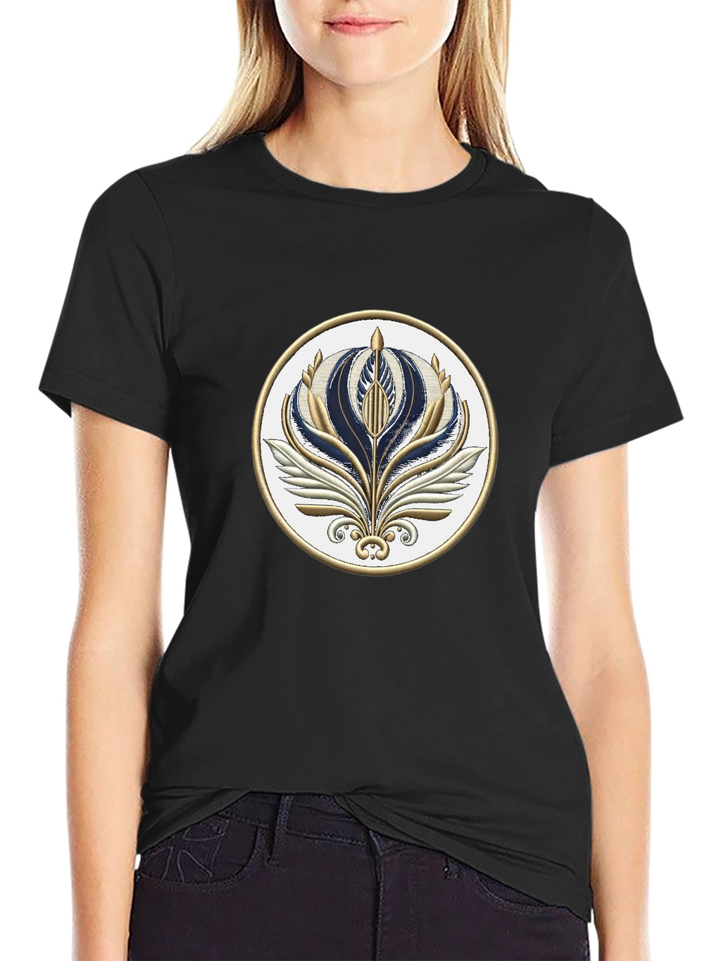 Stylish Black T-Shirt with Floral Emblem