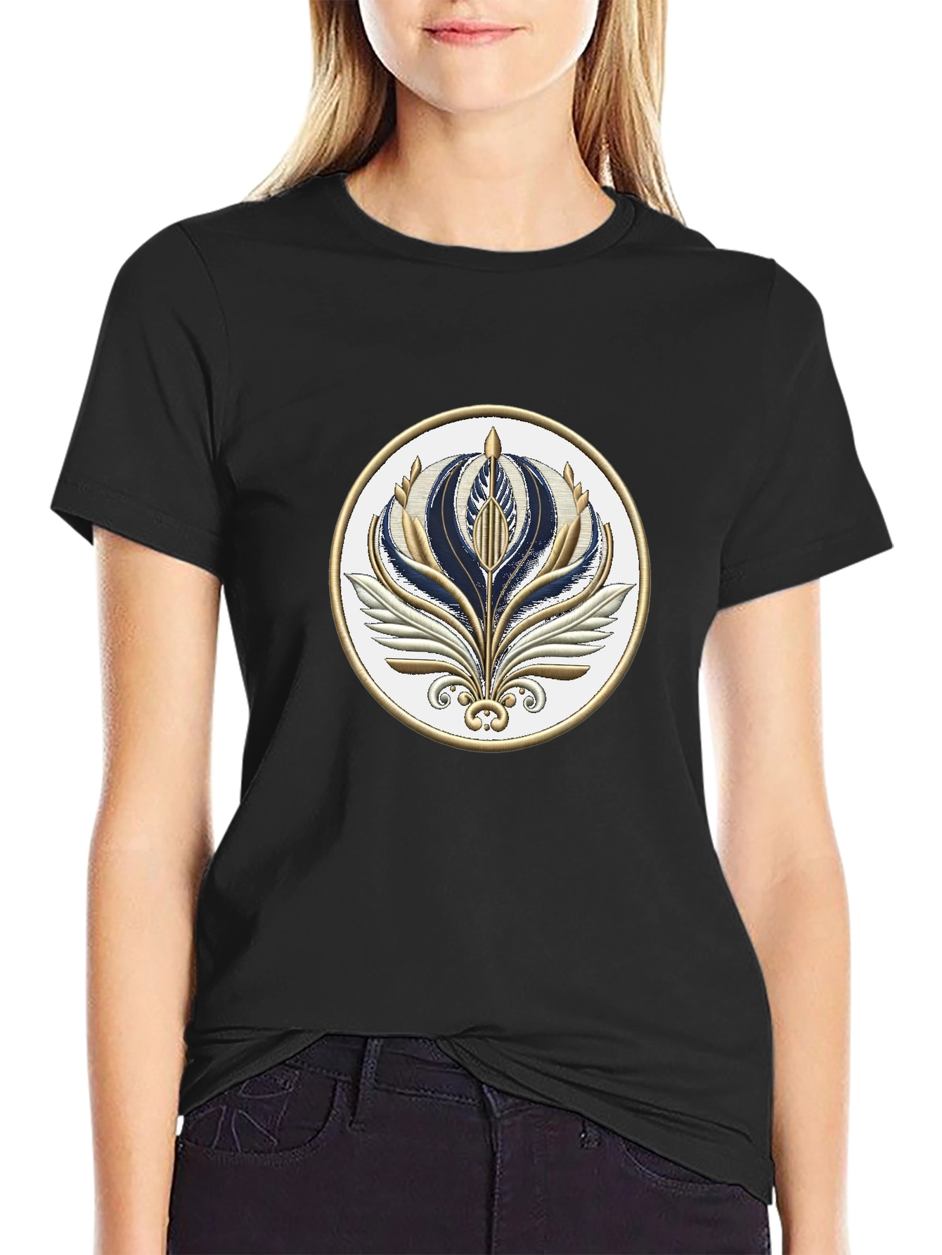 Stylish Black T-Shirt with Floral Emblem